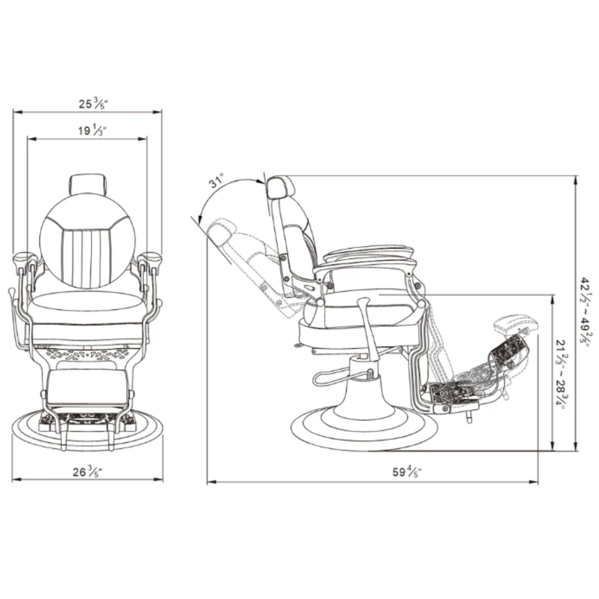 Kaiser Retro Style Vintage Barber Chair Product Dimension Diagram