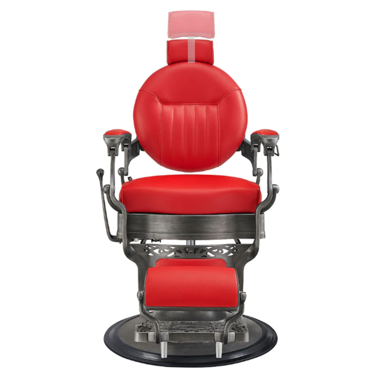 Kaiser Retro Style Vintage Barber Chair Red Variant Front View Demonstrating Pull Out Headrest Range On White Background