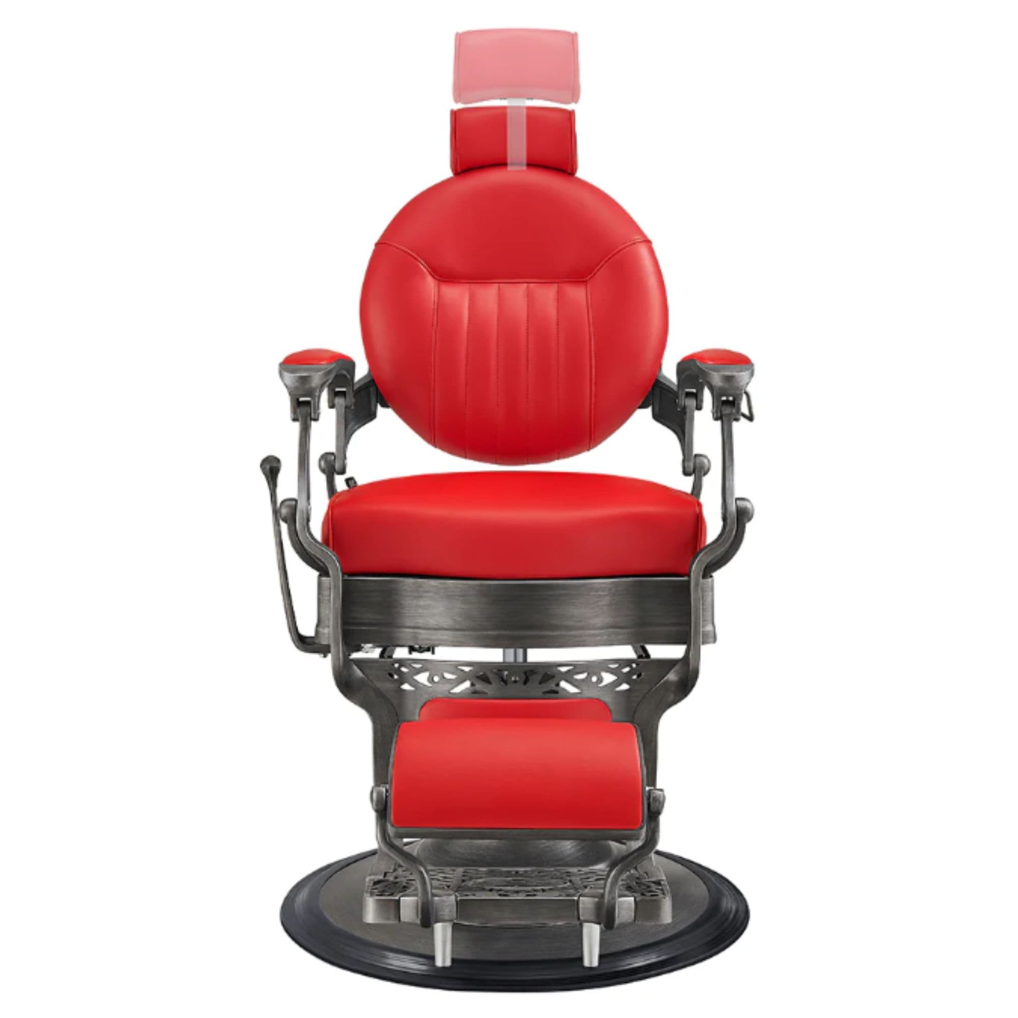 Kaiser Retro Style Vintage Barber Chair Red Variant Front View Demonstrating Pull Out Headrest Range On White Background