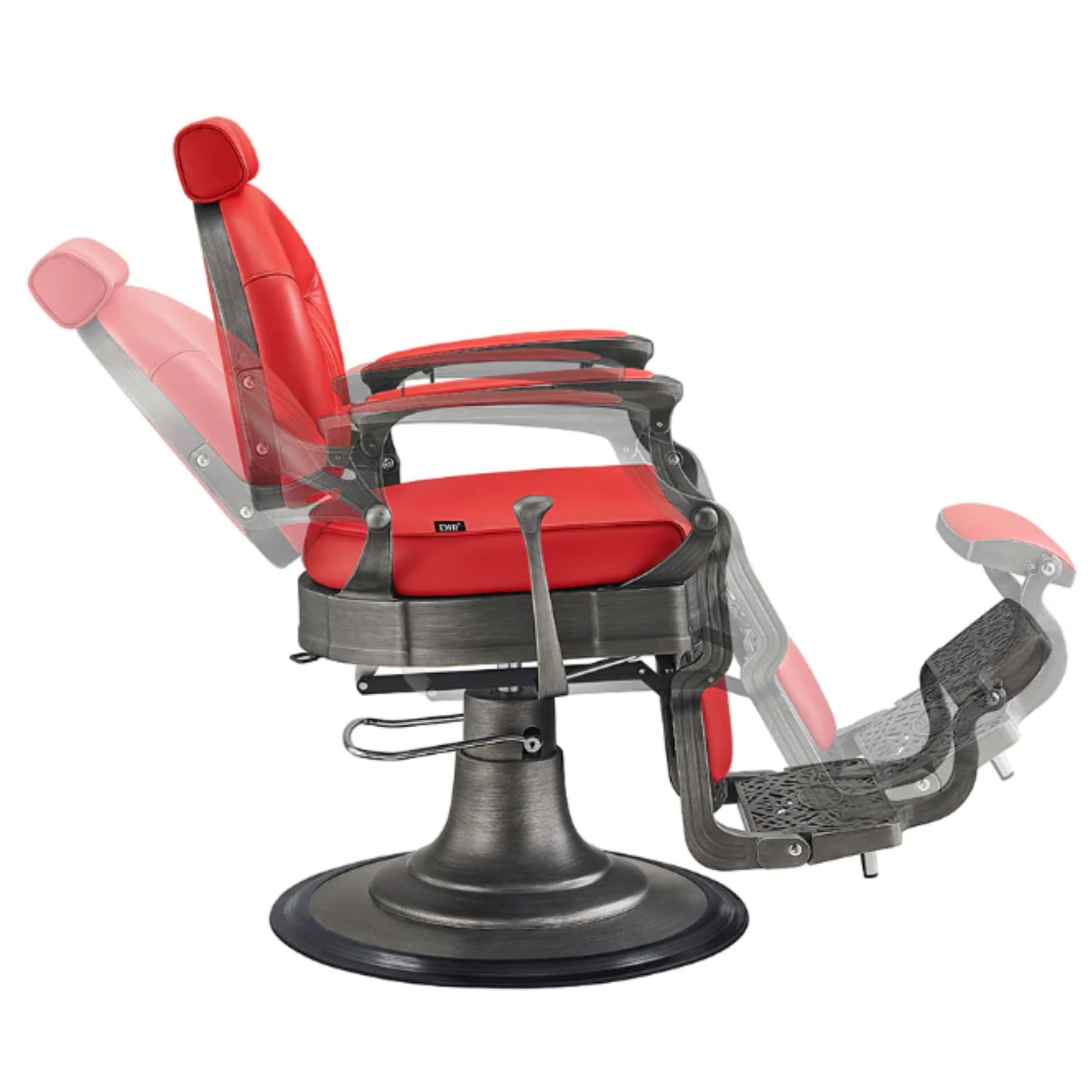 Kaiser Retro Style Vintage Barber Chair Red Variant Side View Demonstrating Swing Adjustment On White Background