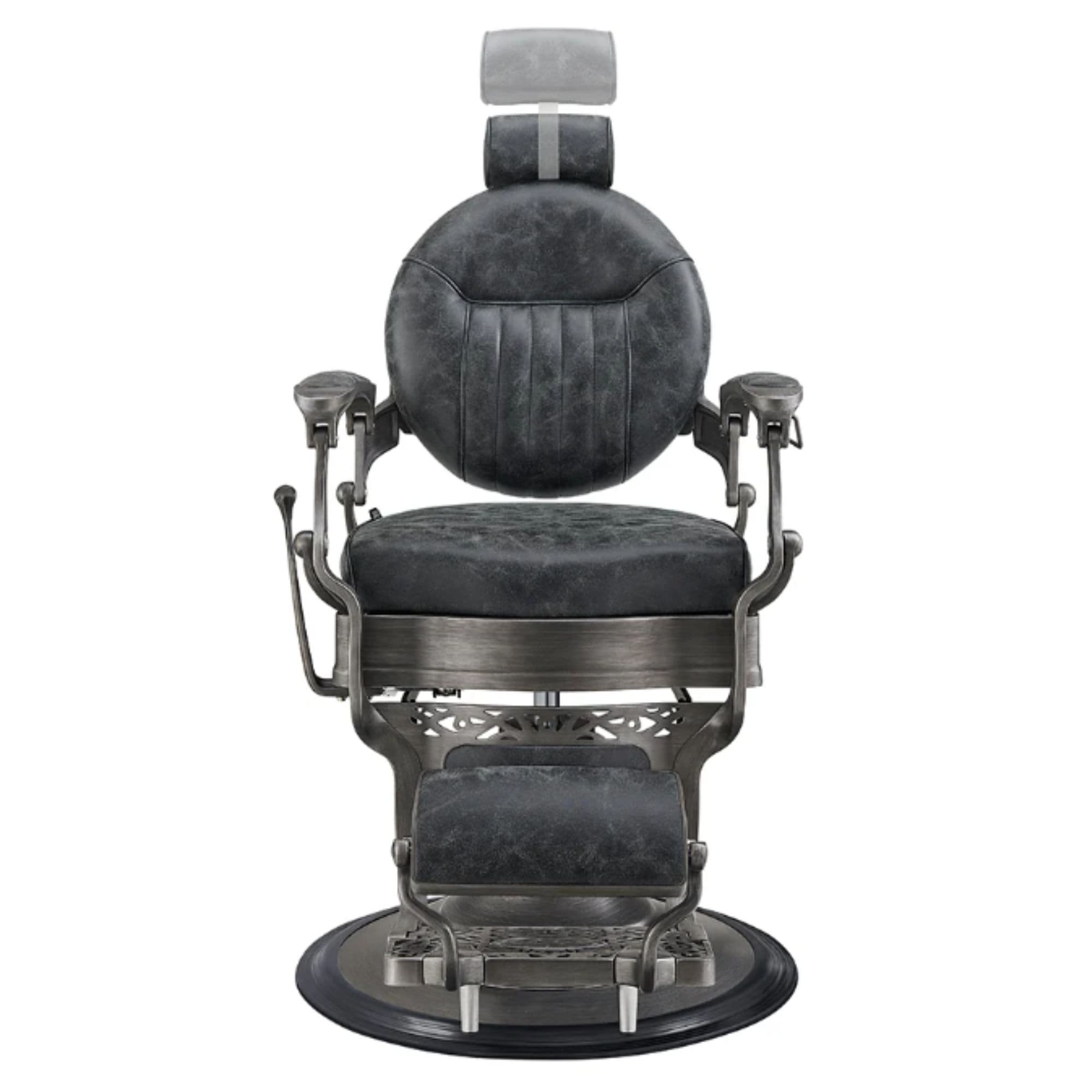 Kaiser Retro Style Vintage Barber Chair Vintage Black Variant Front View Demonstrating Pull Out Headrest Range On White Background