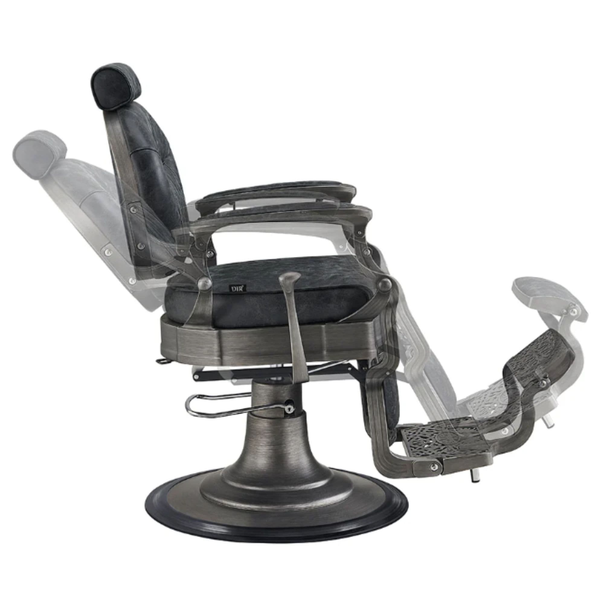 Kaiser Retro Style Vintage Barber Chair Vintage Black Variant Side View Demonstrating Swing Adjustment On White Background