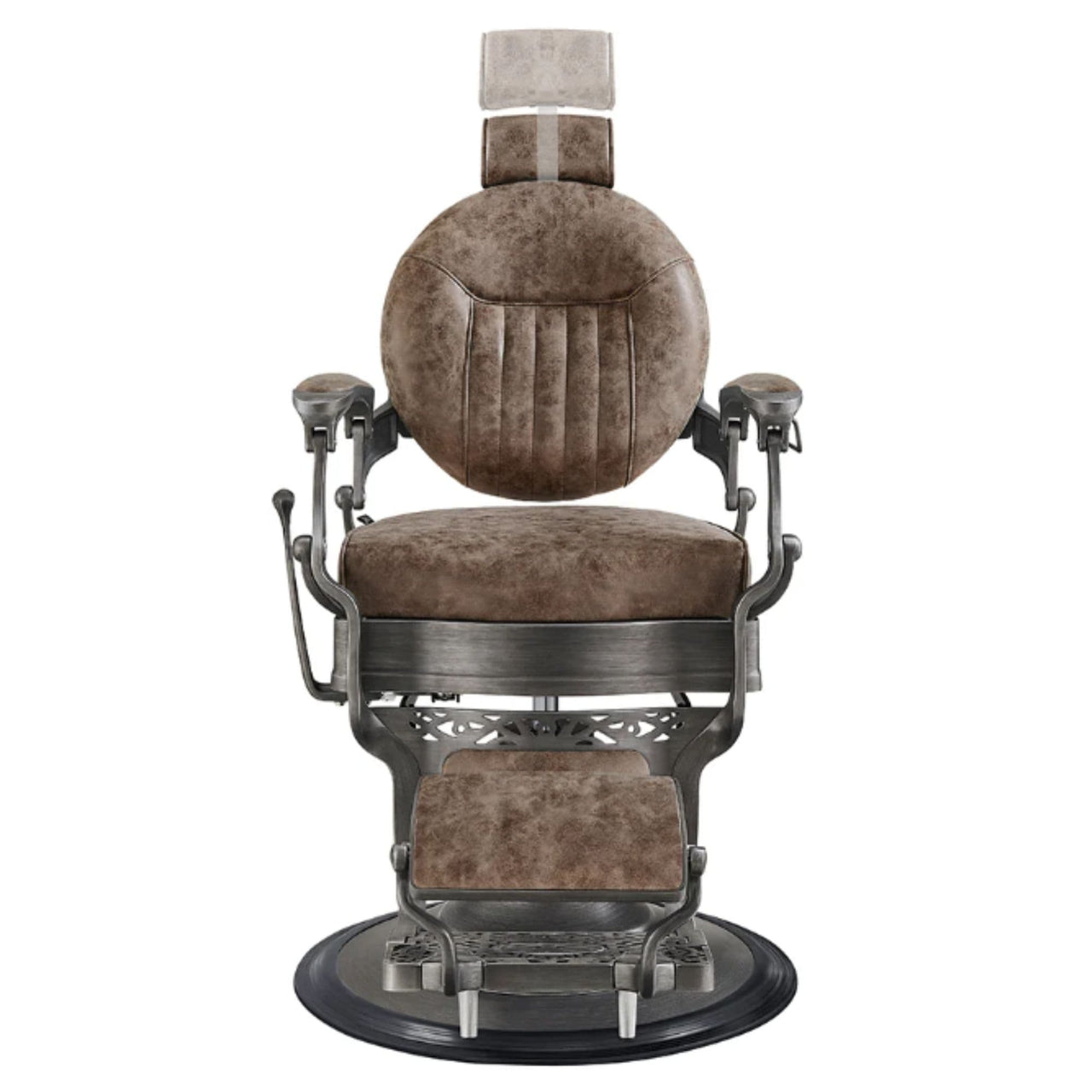 Kaiser Retro Style Vintage Barber Chair Vintage Brown Variant Front View Demonstrating Pull Out Headrest Range On White Background