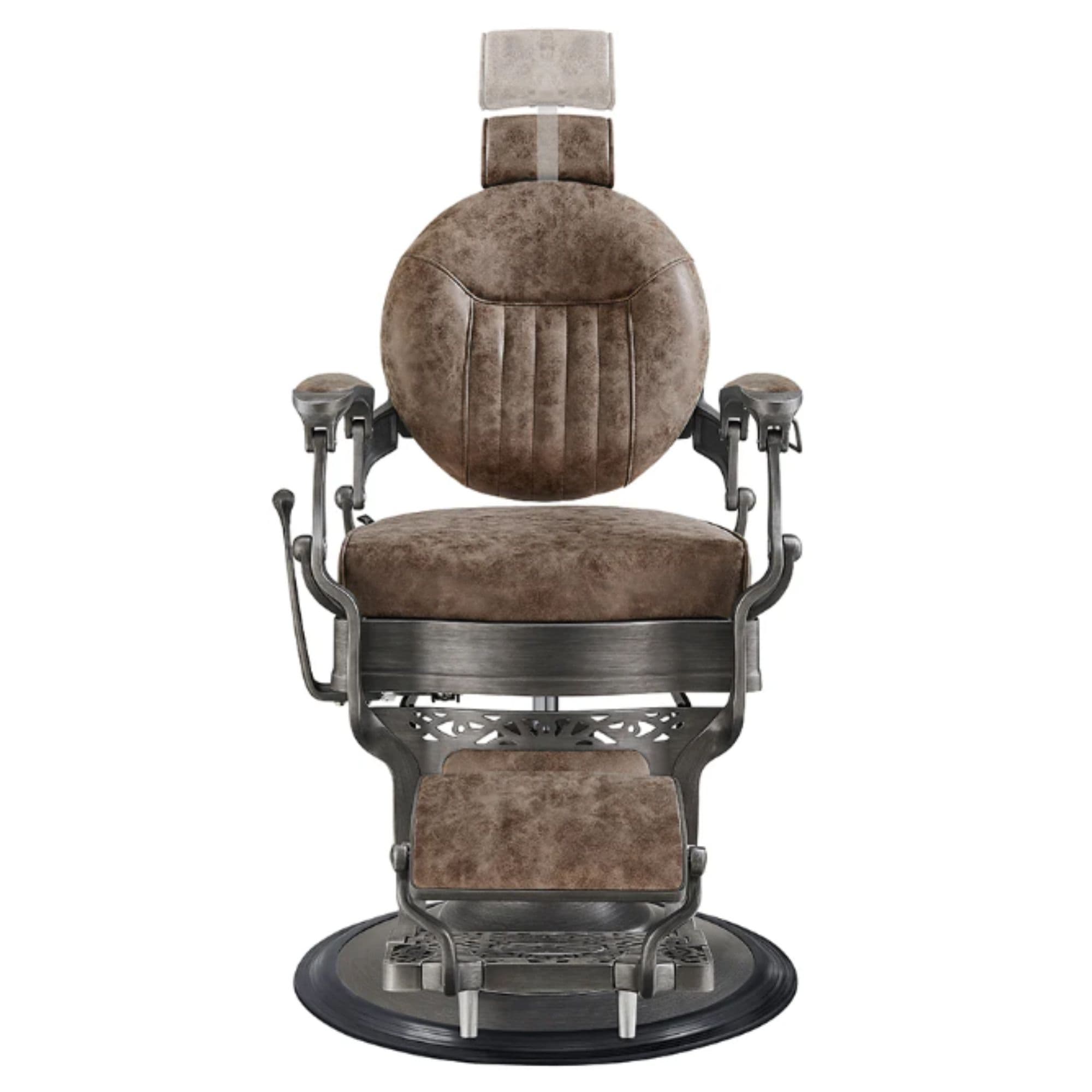 Kaiser Retro Style Vintage Barber Chair Vintage Brown Variant Front View Demonstrating Pull Out Headrest Range On White Background