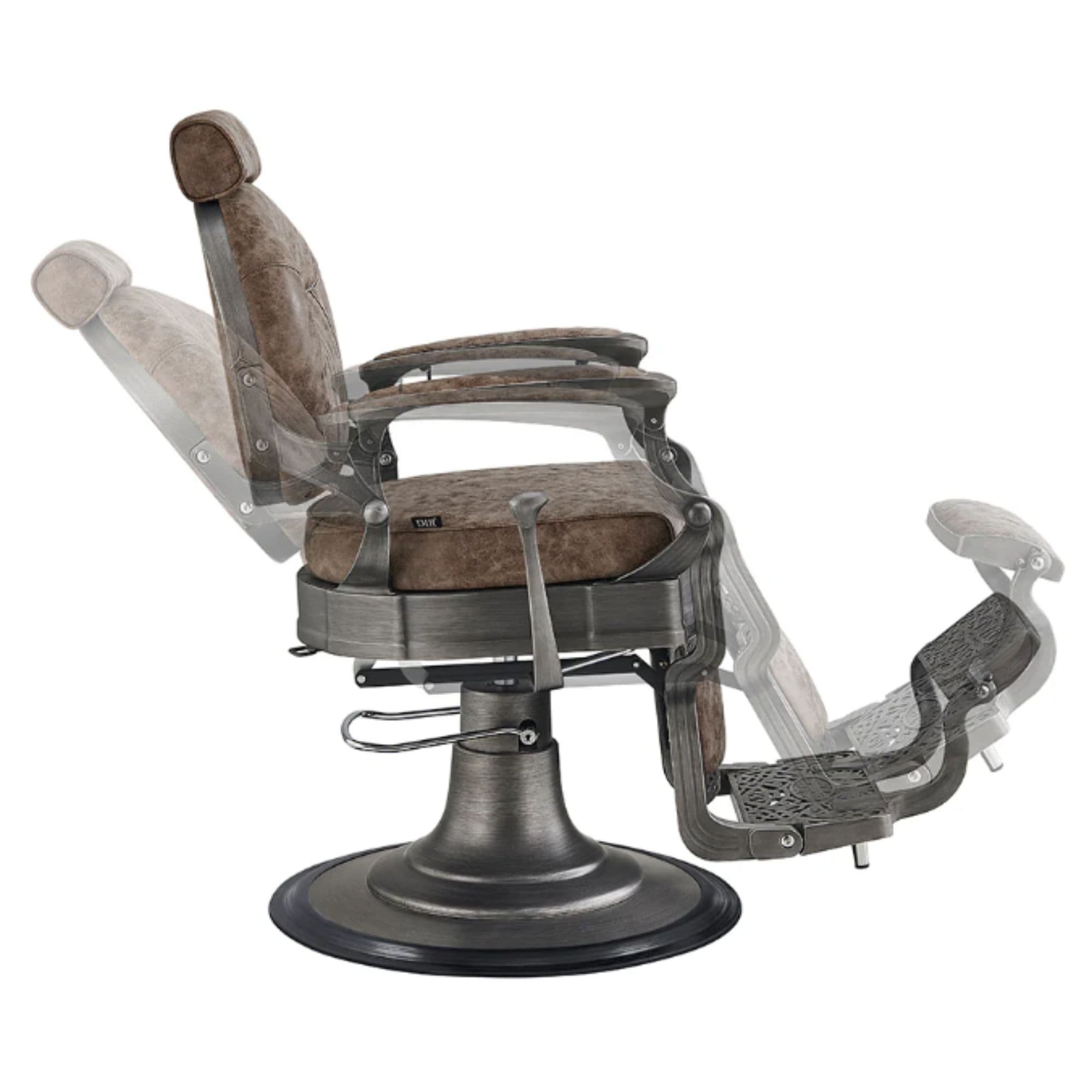 Kaiser Retro Style Vintage Barber Chair Vintage Brown Variant Side View Demonstrating The Swing Range Of Foot Rest Extension On White Background