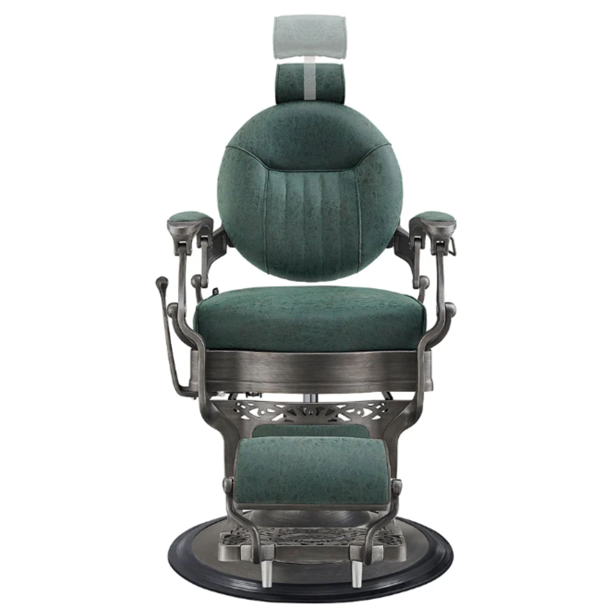 Kaiser Retro Style Vintage Barber Chair Vintage Green Variant Front View Demonstrating Pull Out Headrest Range On White Background