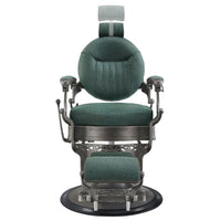 Thumbnail for Kaiser Retro Style Vintage Barber Chair Vintage Green Variant Front View Demonstrating Pull Out Headrest Range On White Background