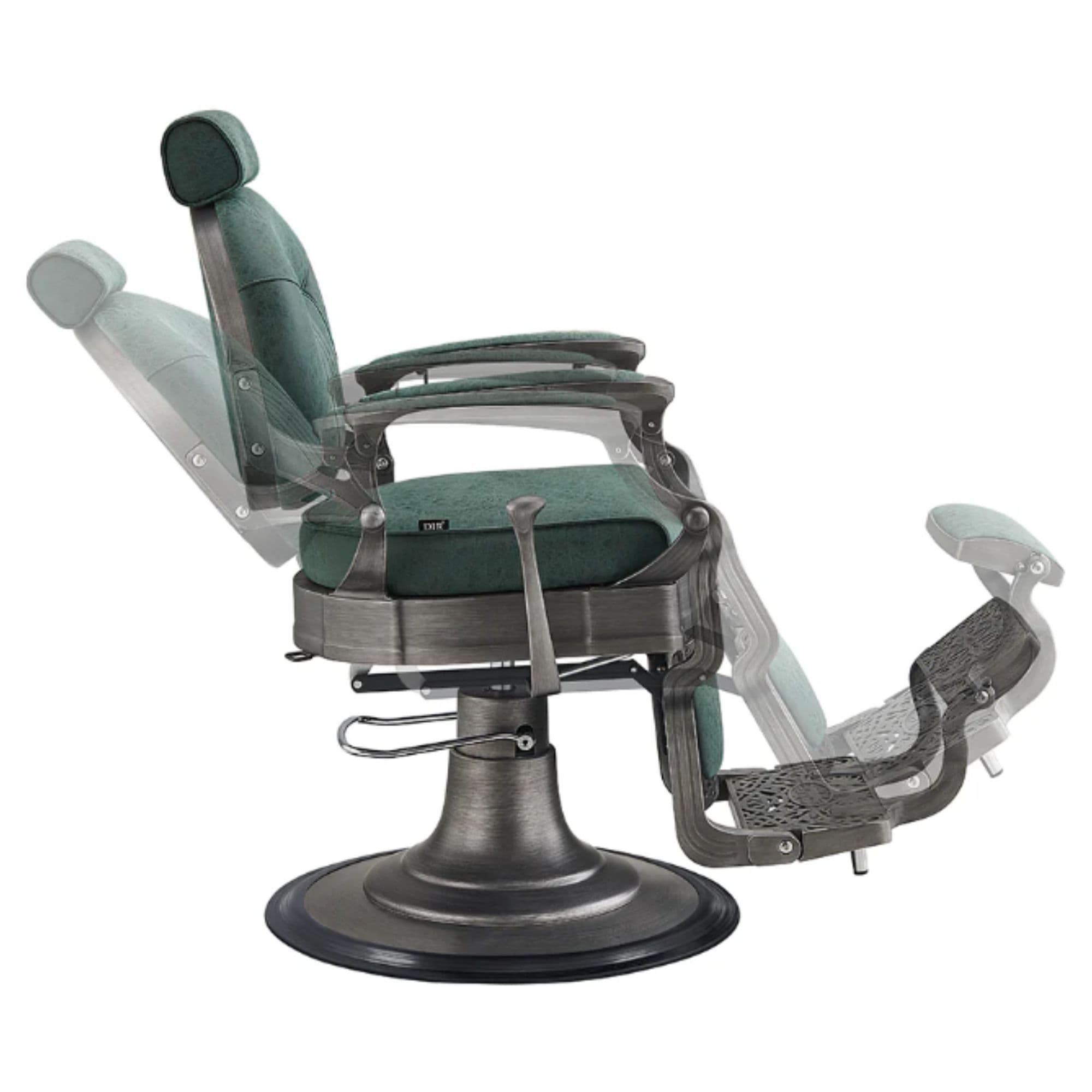 Kaiser Retro Style Vintage Barber Chair Vintage Green Variant Side View Demonstrating Swing Adjustment On White Background
