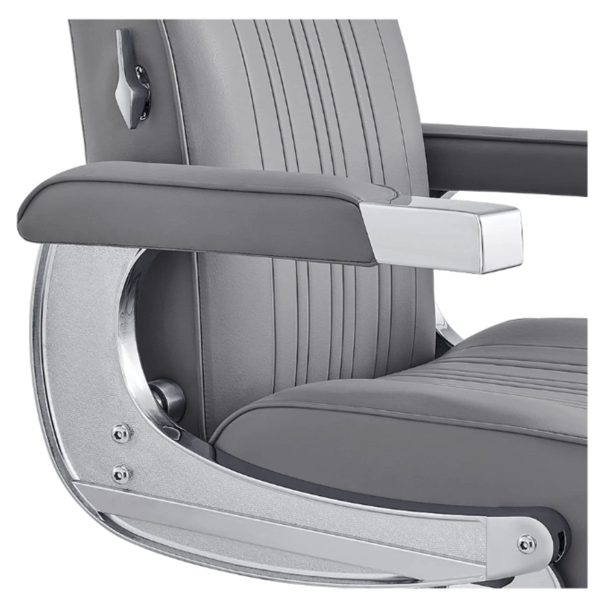 Kingston Hydraulic Barber Chair Close-Up View Of Decorative Metallic Gold Armrest Support And Gray Upholstered Seat