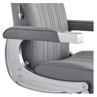 Thumbnail for Kingston Hydraulic Barber Chair Close-Up View Of Decorative Metallic Gold Armrest Support And Gray Upholstered Seat