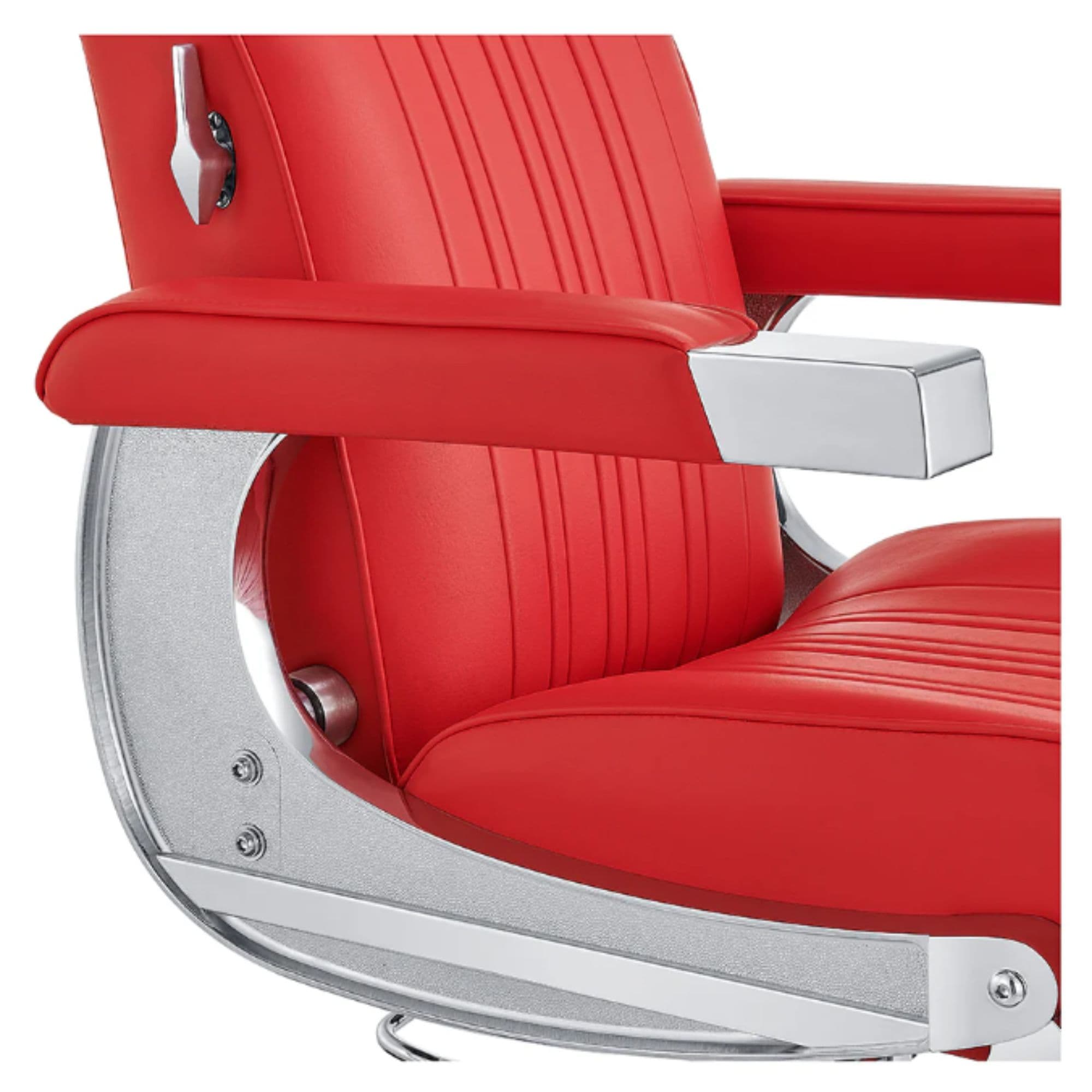 Kingston Hydraulic Barber Chair Close-Up View Of Decorative Metallic Gold Armrest Support And Red Upholstered Seat