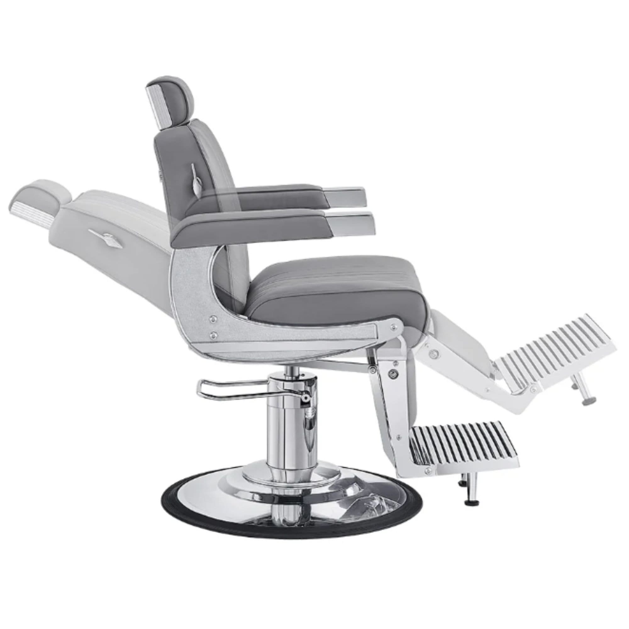Kingston Hydraulic Barber Chair Gray Variant Side View Demonstrating Swing Adjustment On White Background