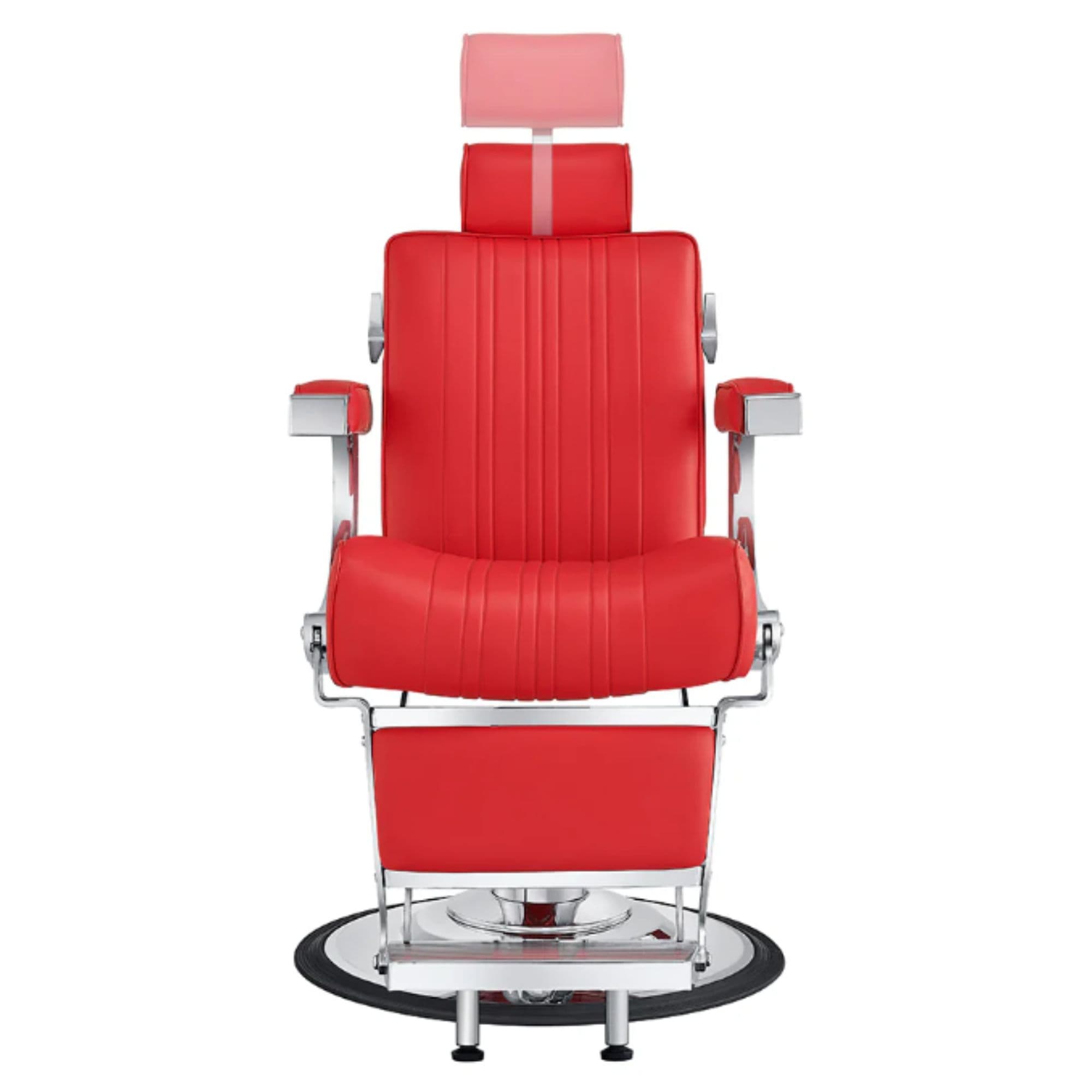 Kingston Hydraulic Barber Chair Red Variant Front View Demonstrating Pull Out Headrest Range On White Background