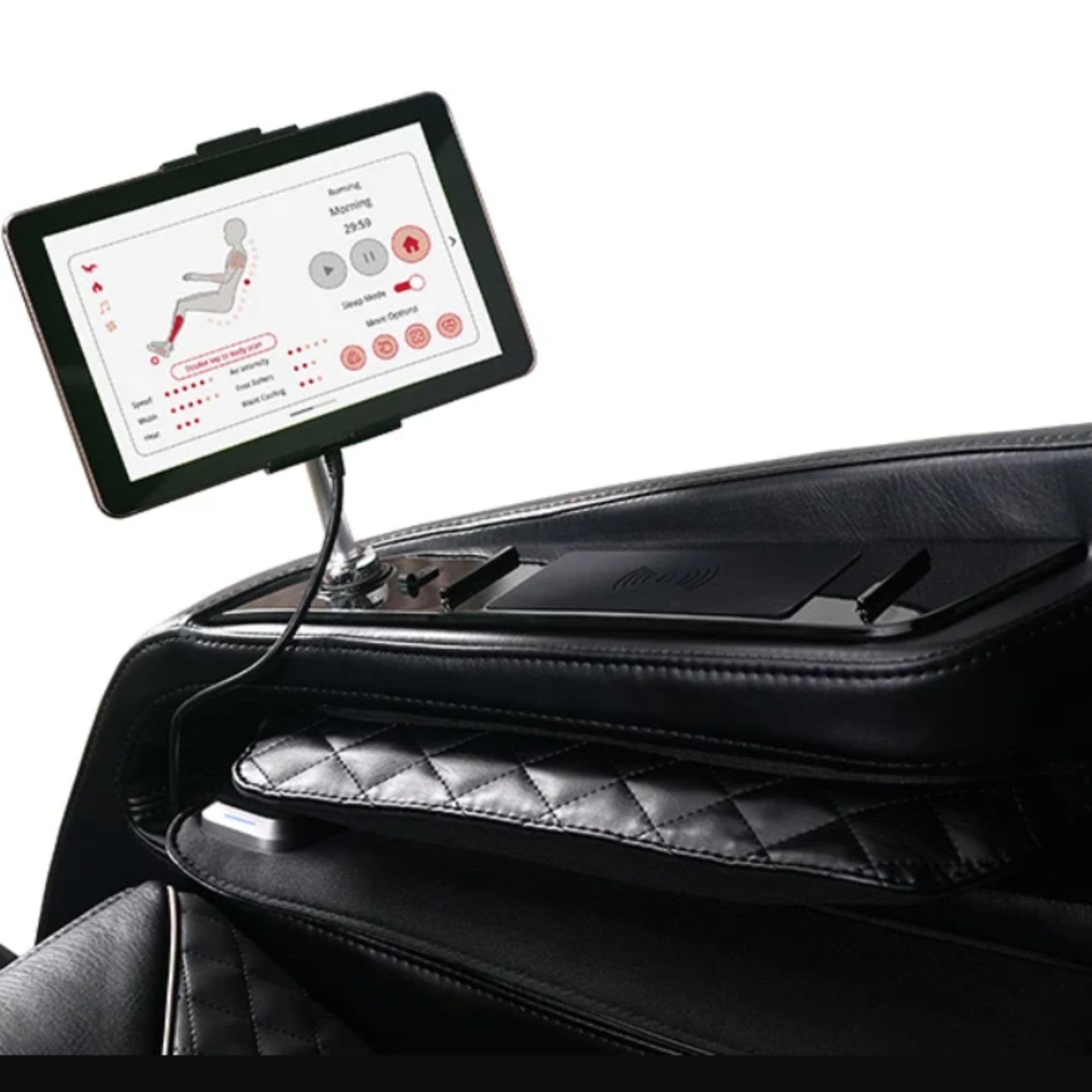 Kizuna M688 Massage Chair Black-Gray Variant Close-Up View Of The Touchscreen Controller And Wireless Charging Pad