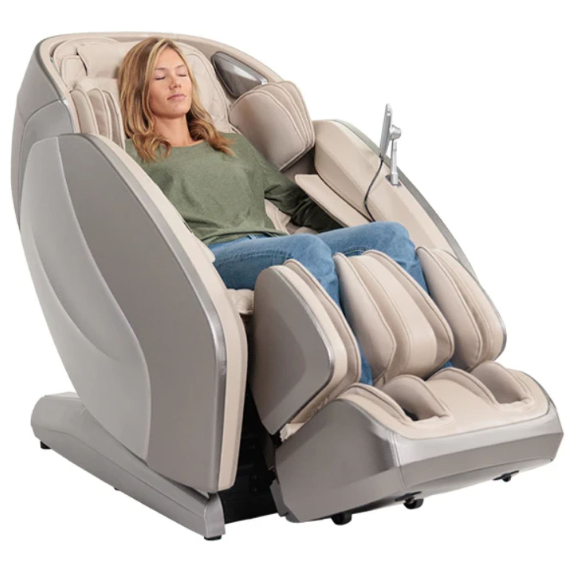 Kyota Hatsumei M900 4D AI Massage Chair Gray Tan Variant Front Angled View With A Woman Relaxing On White Background