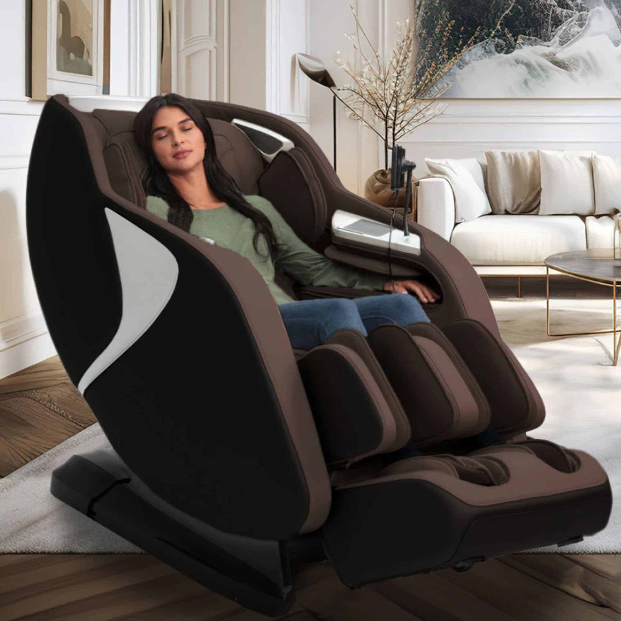 Kyota Joubu M880 4D Zero Gravity Massage Chair Black-Dark Brown Variant Front Angled View Of A Woman Relaxing In A Modern Living Room