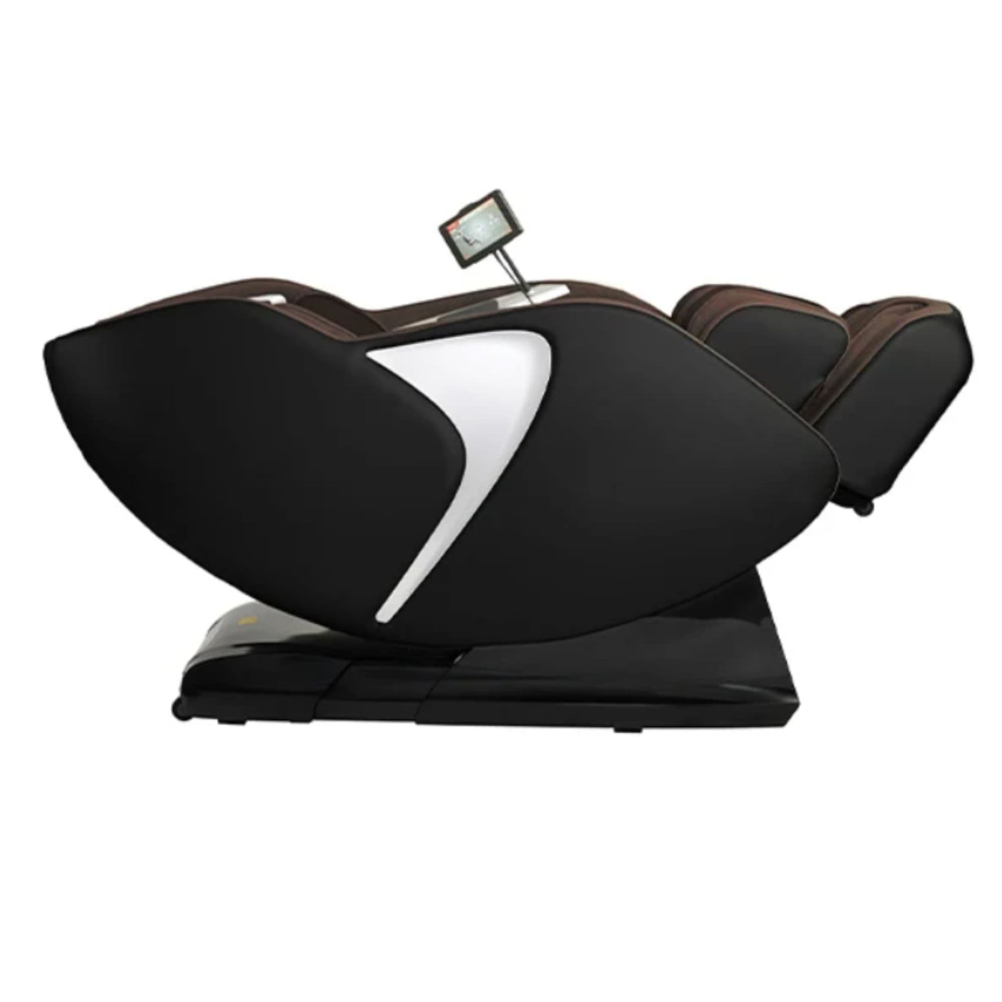 Kyota Joubu M880 4D Zero Gravity Massage Chair Black-Dark Brown Variant Side View In Fully Reclined Position With Extended Foot Rest On White Background