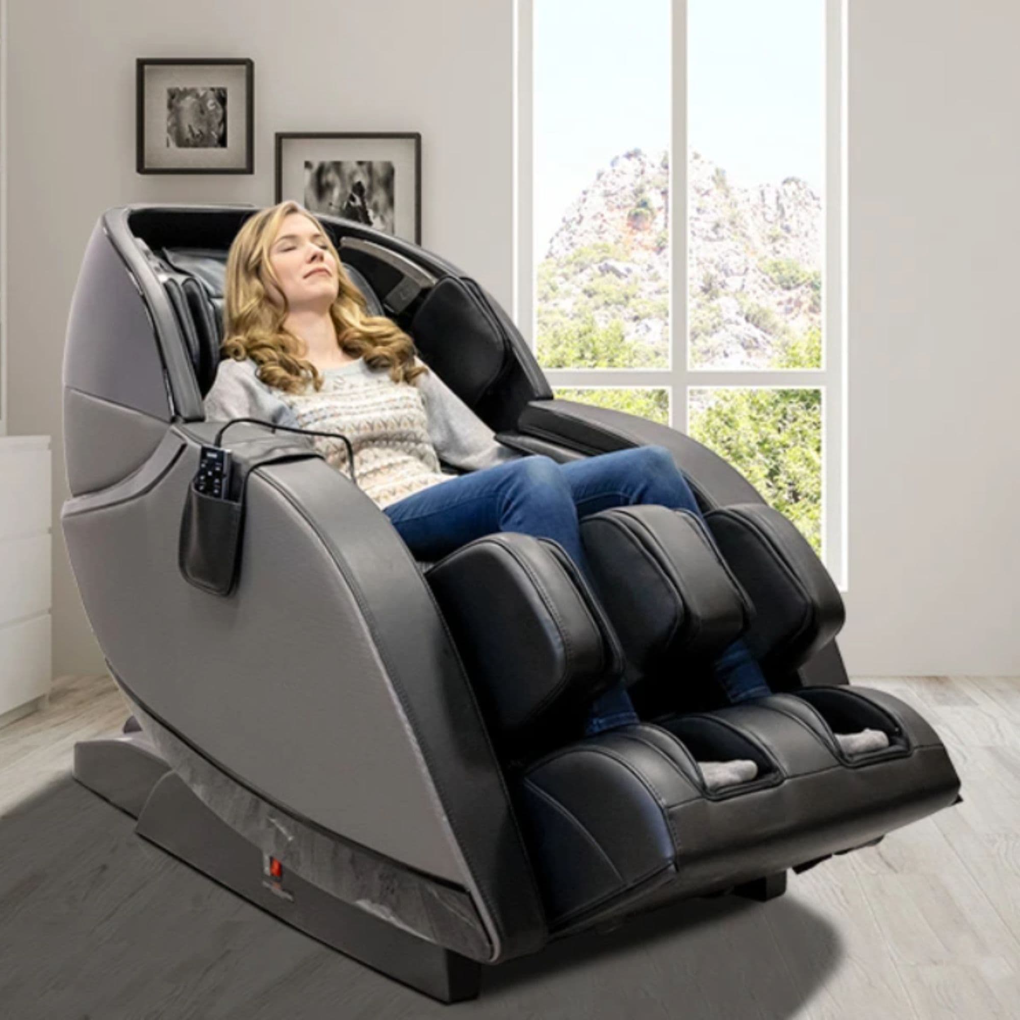 Kyota Kansha M878 Chair Front Angled View Of A Woman Relaxing In A Modern Living Room With Floor-To-Ceiling Windows
