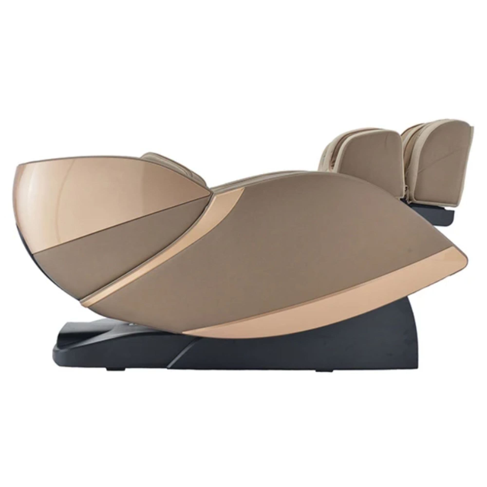 Kyota Kansha M878 Massage Chair Gold-Tan Variant Side View In Fully Reclined Position On White Background
