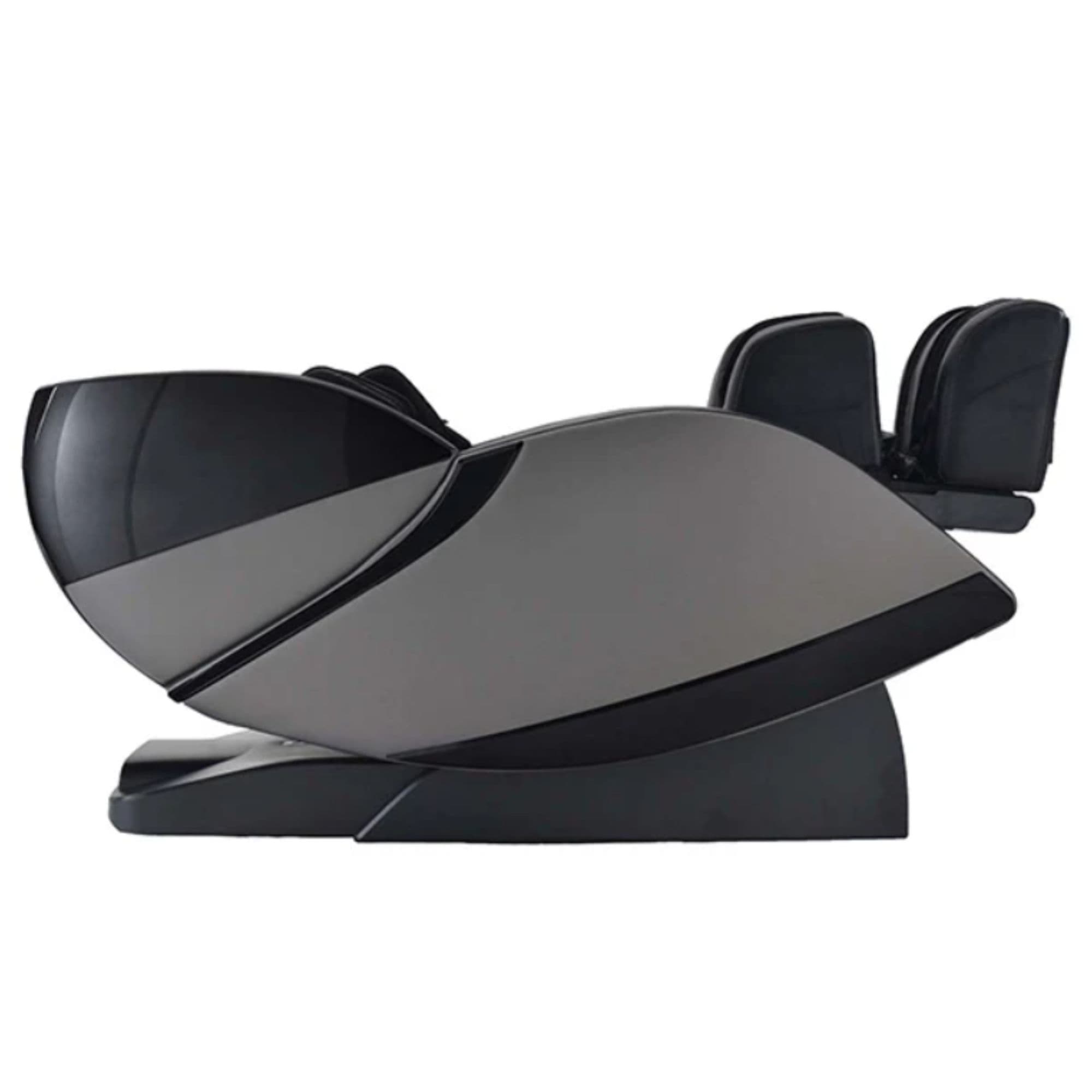 Kyota Kansha M878 Massage Chair Grey-Black Variant Side View In A Fully Reclined Position On White Background