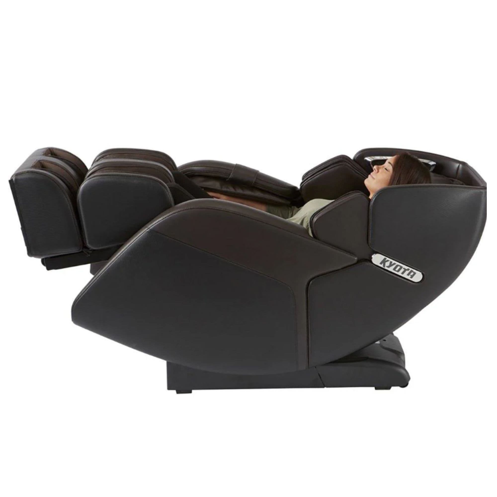 Kyota Kenko M673 Massage Chair Certified Pre-Owned Brown Variant Side View With Woman Relaxing In A Fully Reclined Position On White Background
