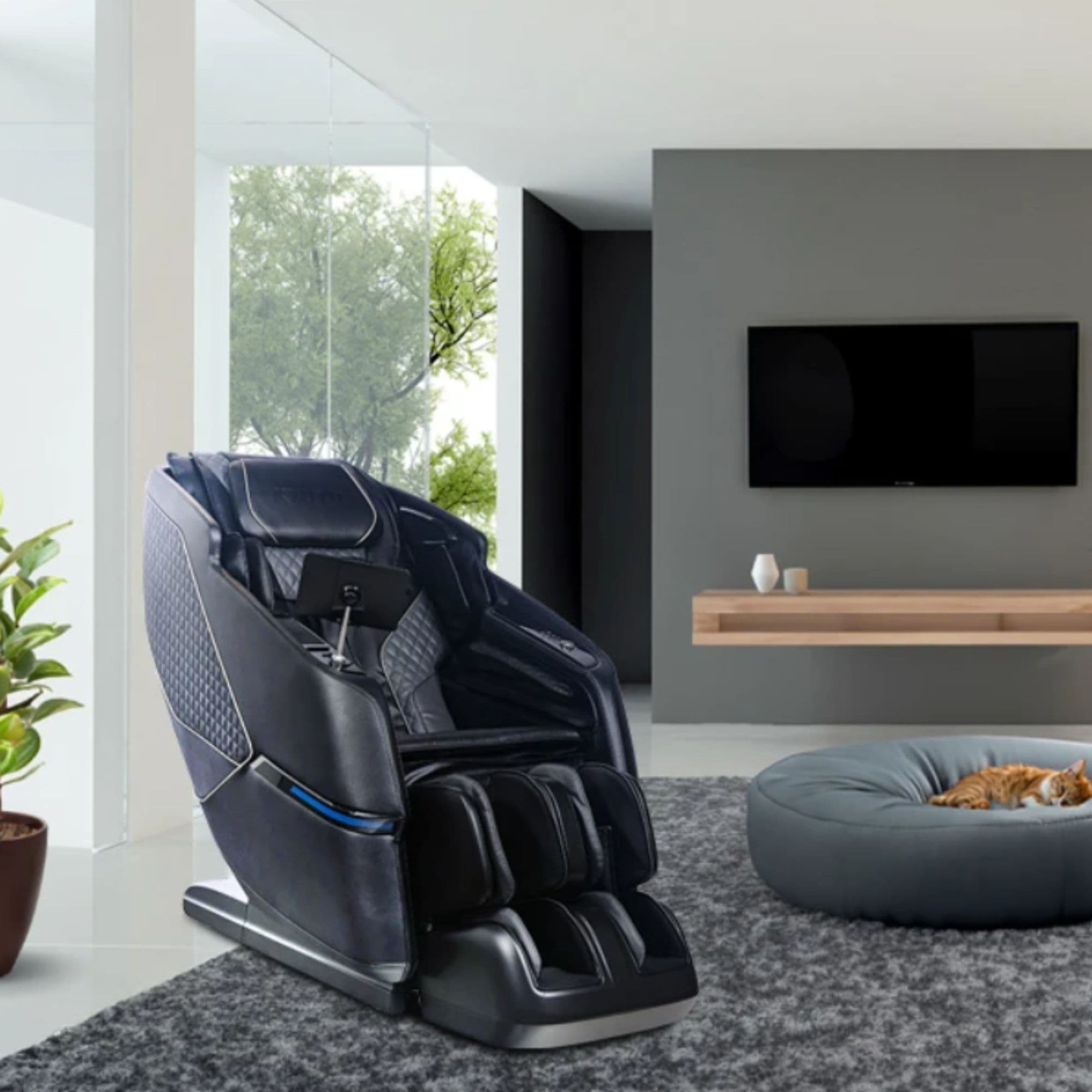Kyota Kizuna M688 Chair Black-Gray Variant Front Angled View In A Pet-Friendly Living Room With Floor-To-Ceiling Windows