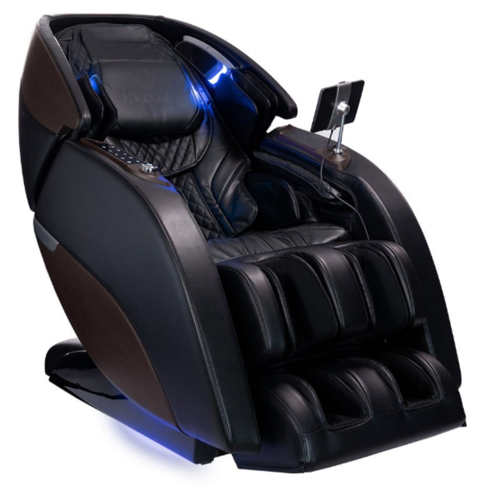 Kyota Nokori M980 Syner-D Massage Chair Certified Pre-Owned Black Variant Front Angled View With Blue Light On White Background