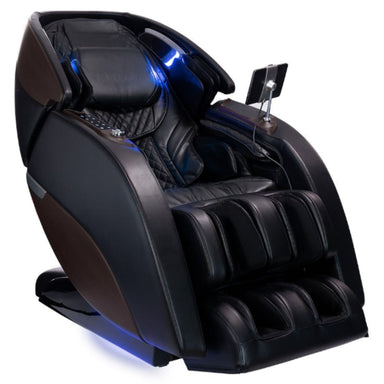 Kyota Nokori M980 Syner-D Massage Chair Certified Pre-Owned Black Variant Front Angled View With Blue Light On White Background