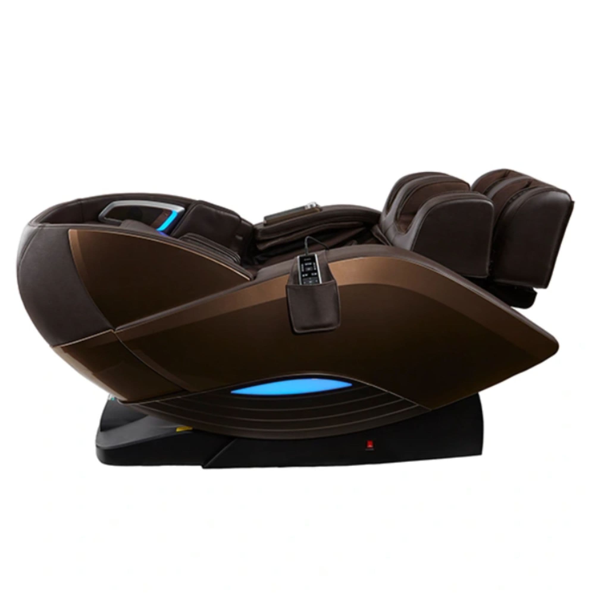 Kyota Yutaka M898 4D Massage Chair Brown Variant Side View In Fully Reclined Position On White Background