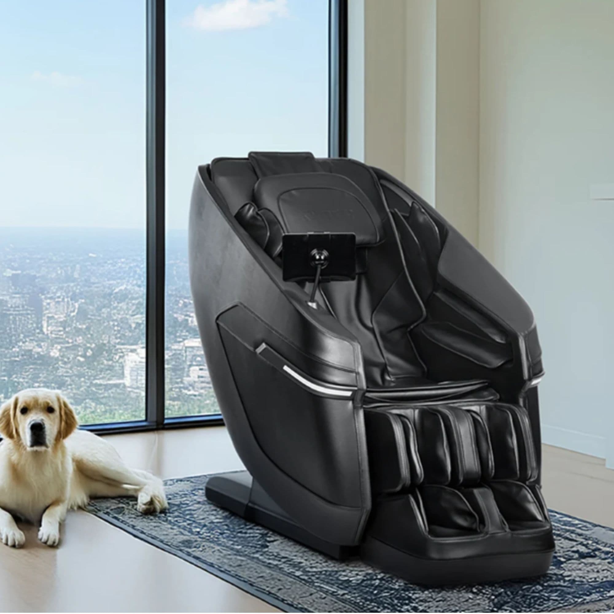 Kyota Zenyu M338 Massage Chair Front Angled View In A Pet-Friendly Living Room With Floor-To-Ceiling Windows