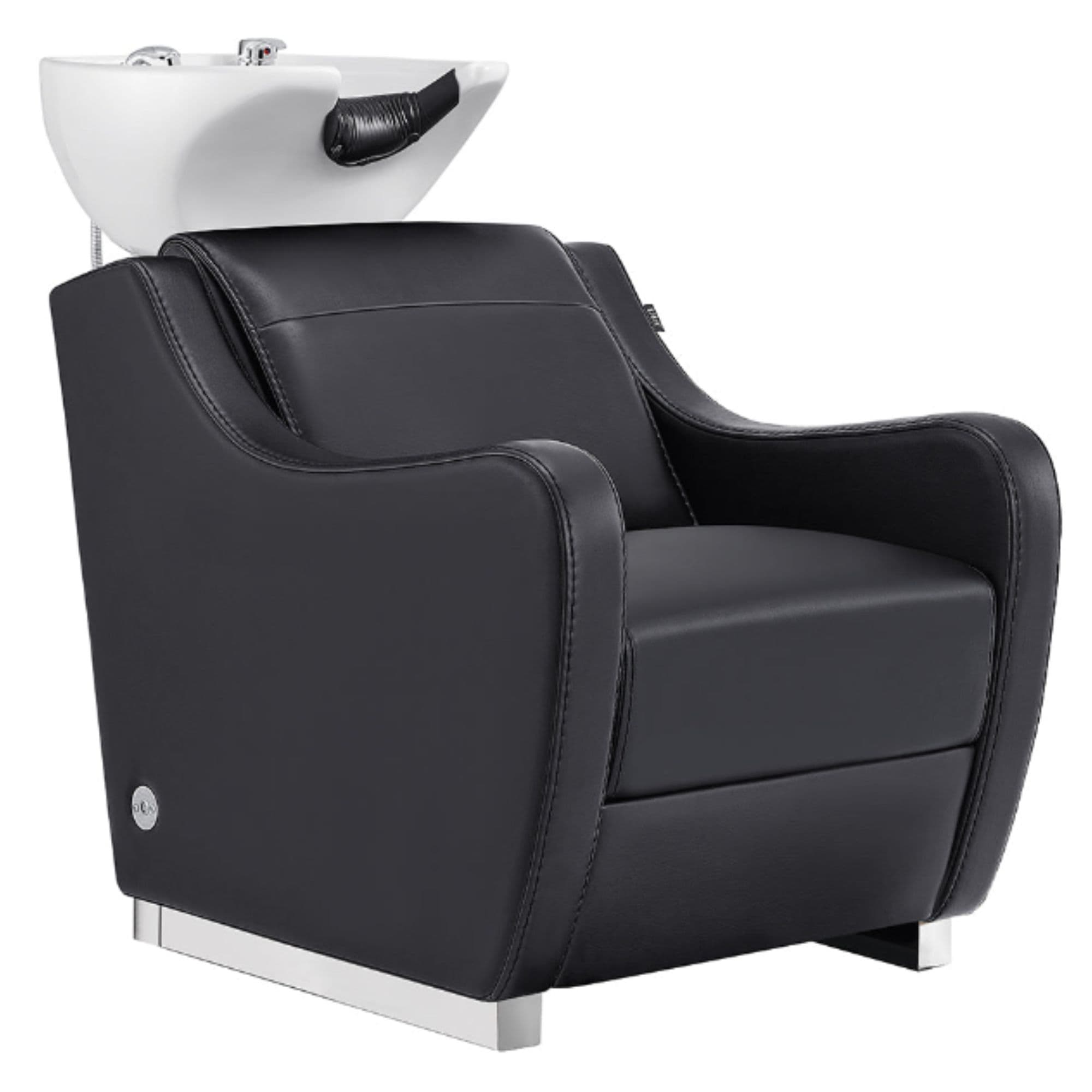 Leona Massage Shampoo Chair Black Front Angled View Of White Single Shampoo Wash Station