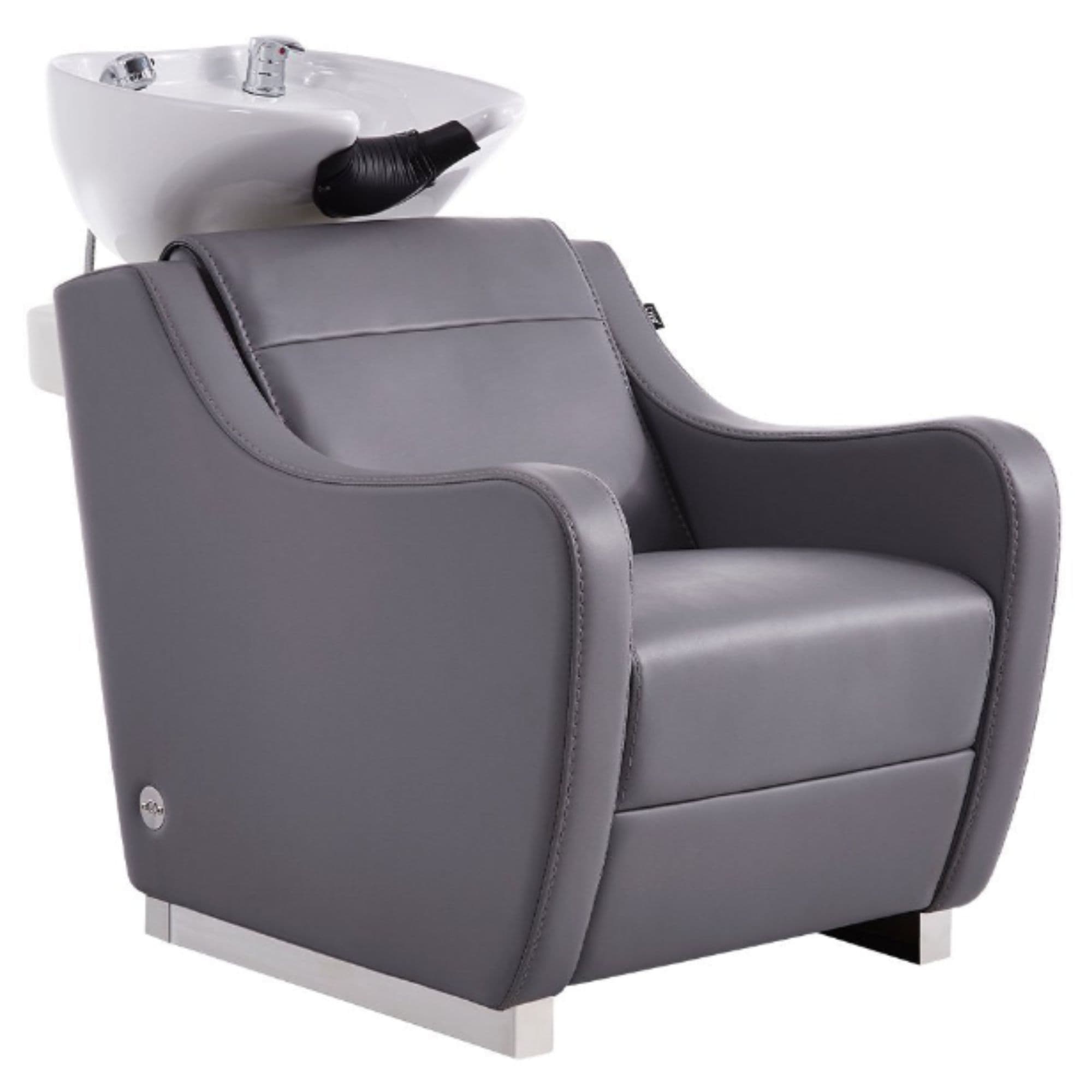 Leona Massage Shampoo Chair Gray Front Angled View Of White Single Shampoo Wash Station On White Clean Background