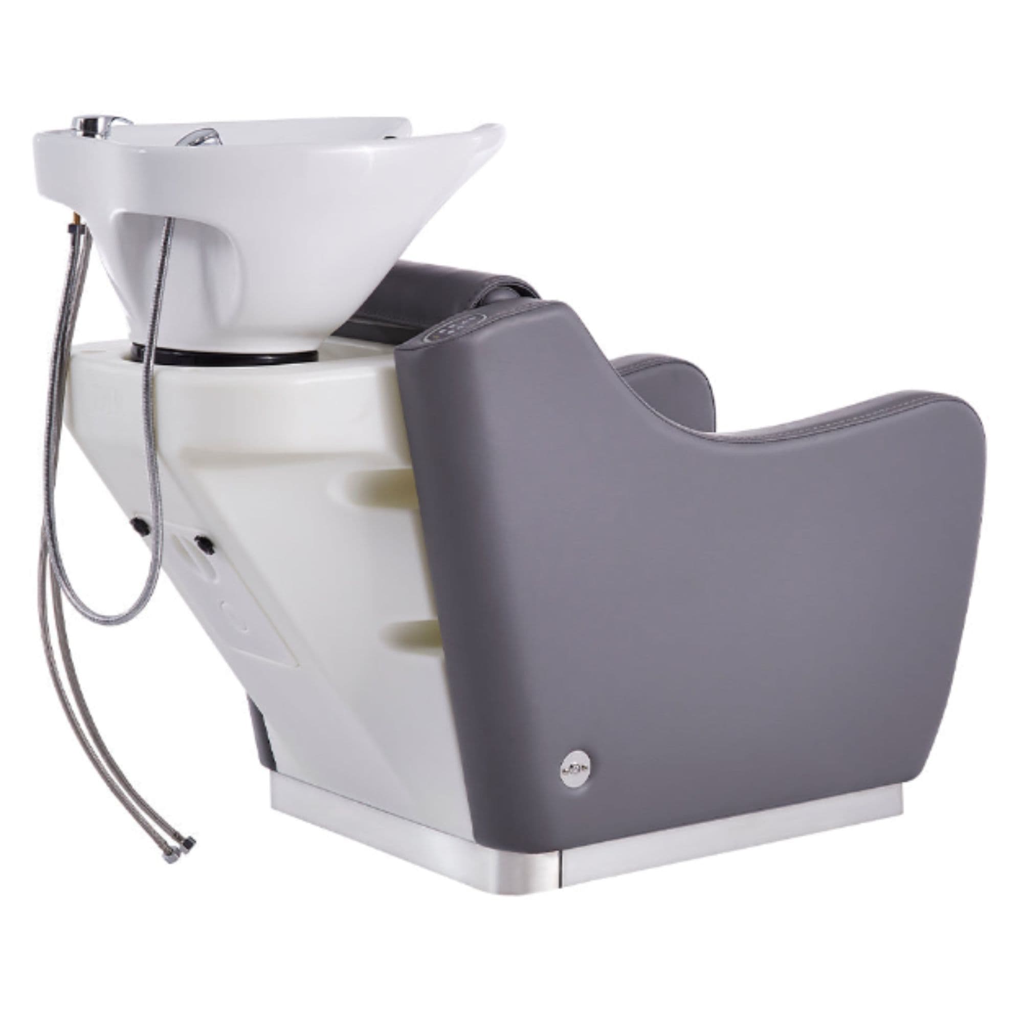 Leona Massage Shampoo Chair Gray Rear View With White Single Shampoo Wash Station On Plain White Background
