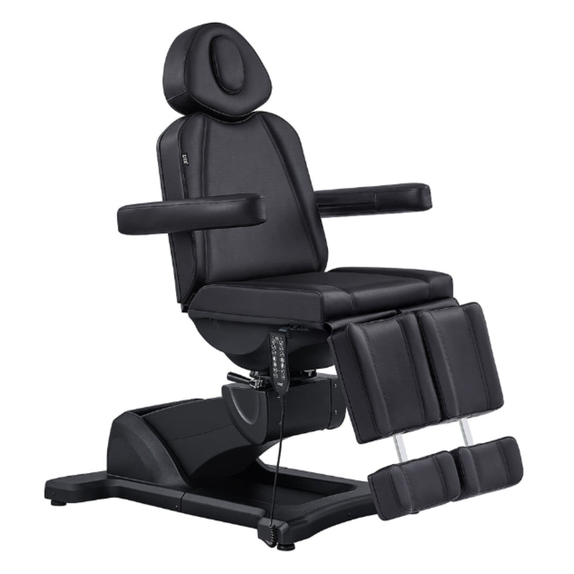 Libra 5-Motor Split-Leg Medical Procedure Chair Black Front Angled View Demonstrating The Leg Rest Height Adjustment On White Background