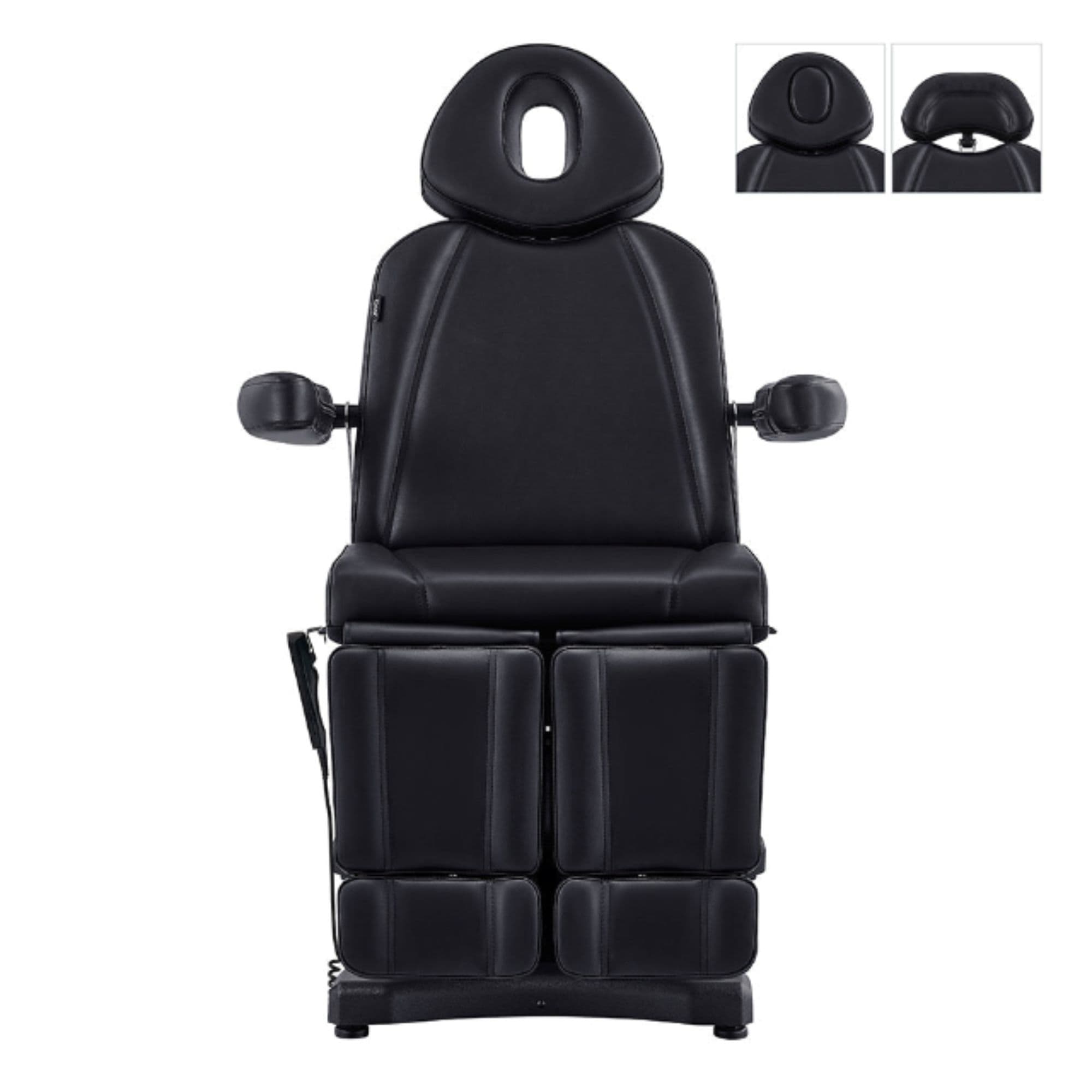 Libra 5-Motor Split-Leg Medical Procedure Chair Black Front View Showing Multiple Headrest Option On White Background