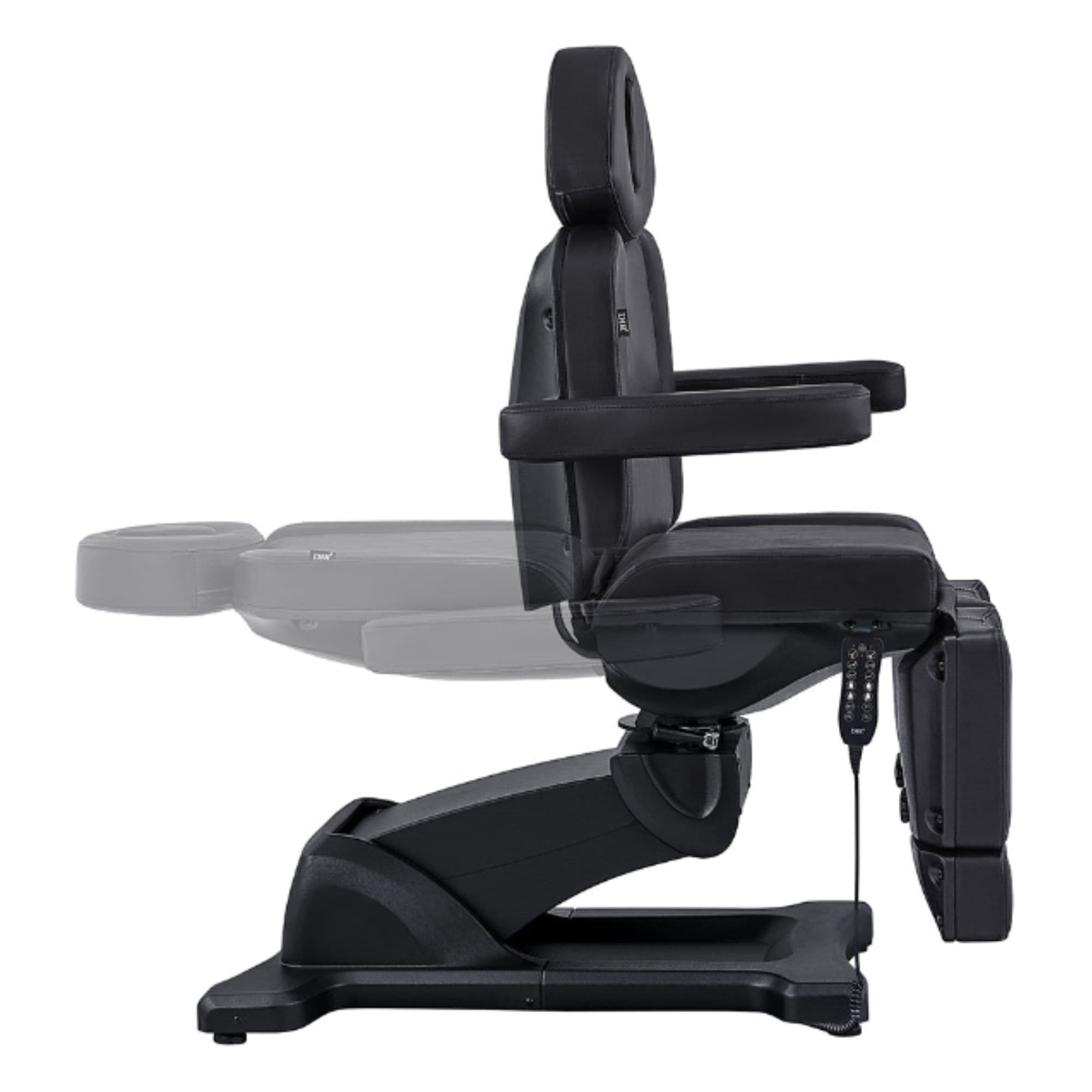 Libra 5-Motor Split-Leg Medical Procedure Chair Black Side View Demonstrating Backrest Recline Adjustment Range On White Background