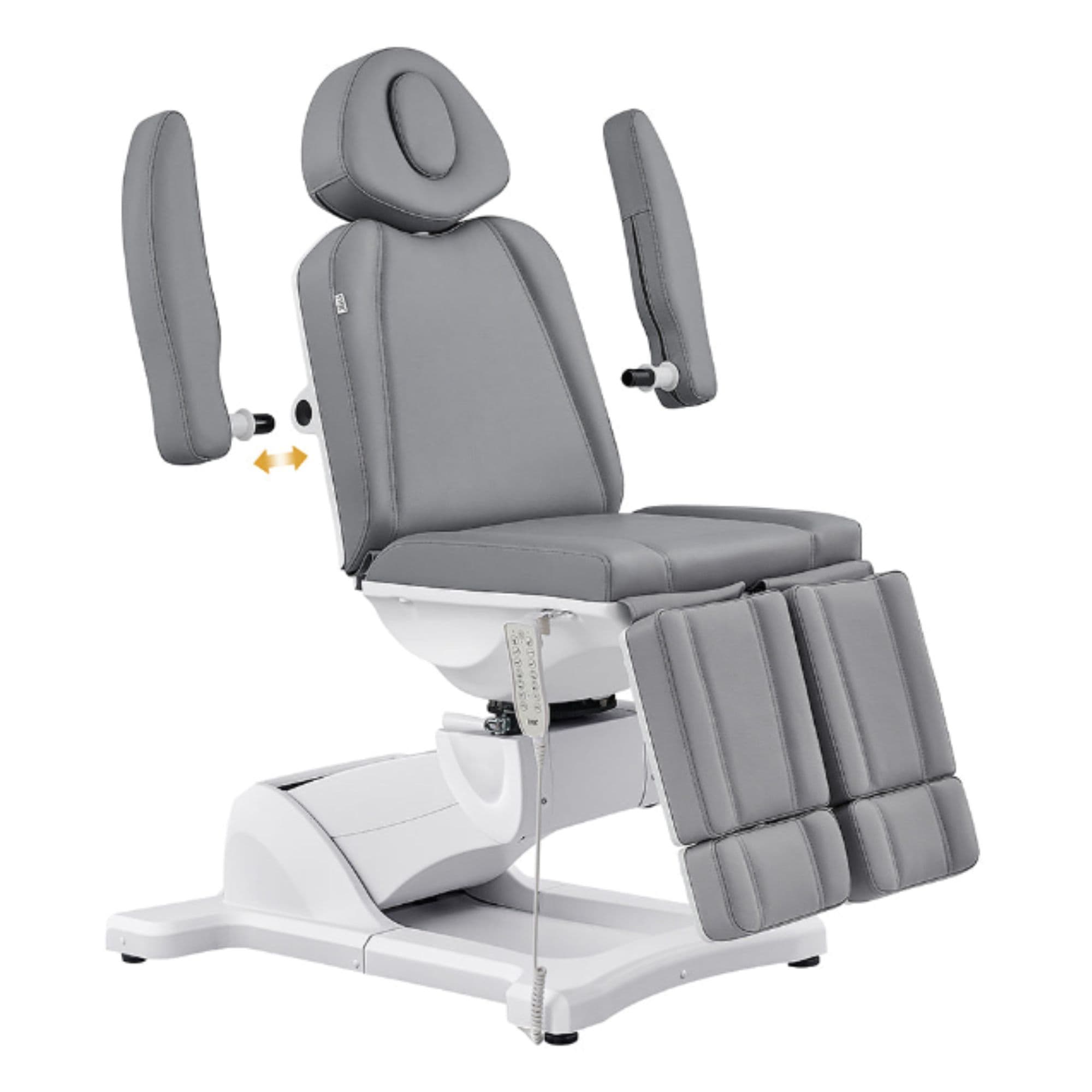 Libra 5-Motor Split-Leg Medical Procedure Chair Gray Angled View Demonstrating Detachable Armrest On White Background