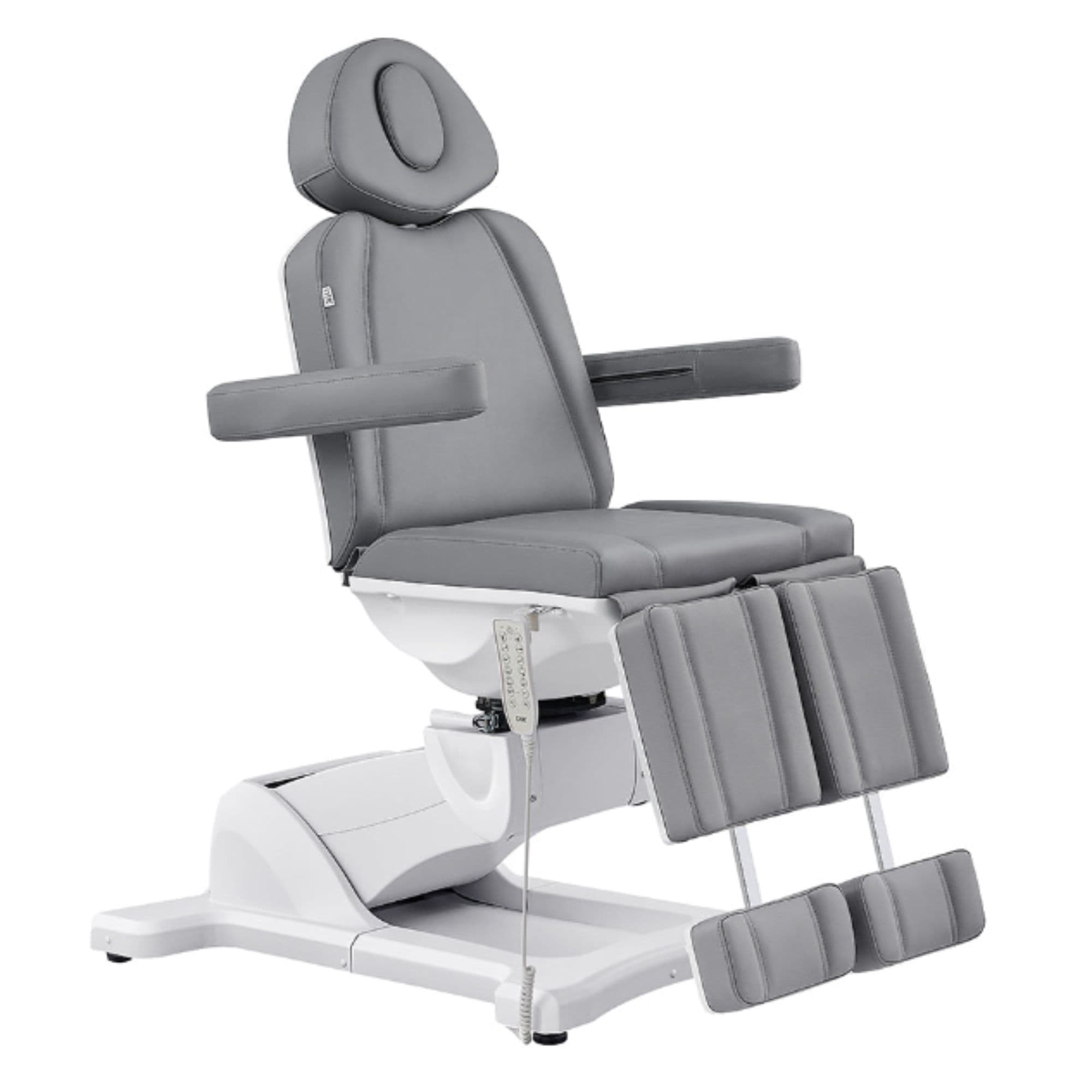 Libra 5-Motor Split-Leg Medical Procedure Chair Gray Front Angled View Demonstrating The Leg Rest Height Adjustment On White Background