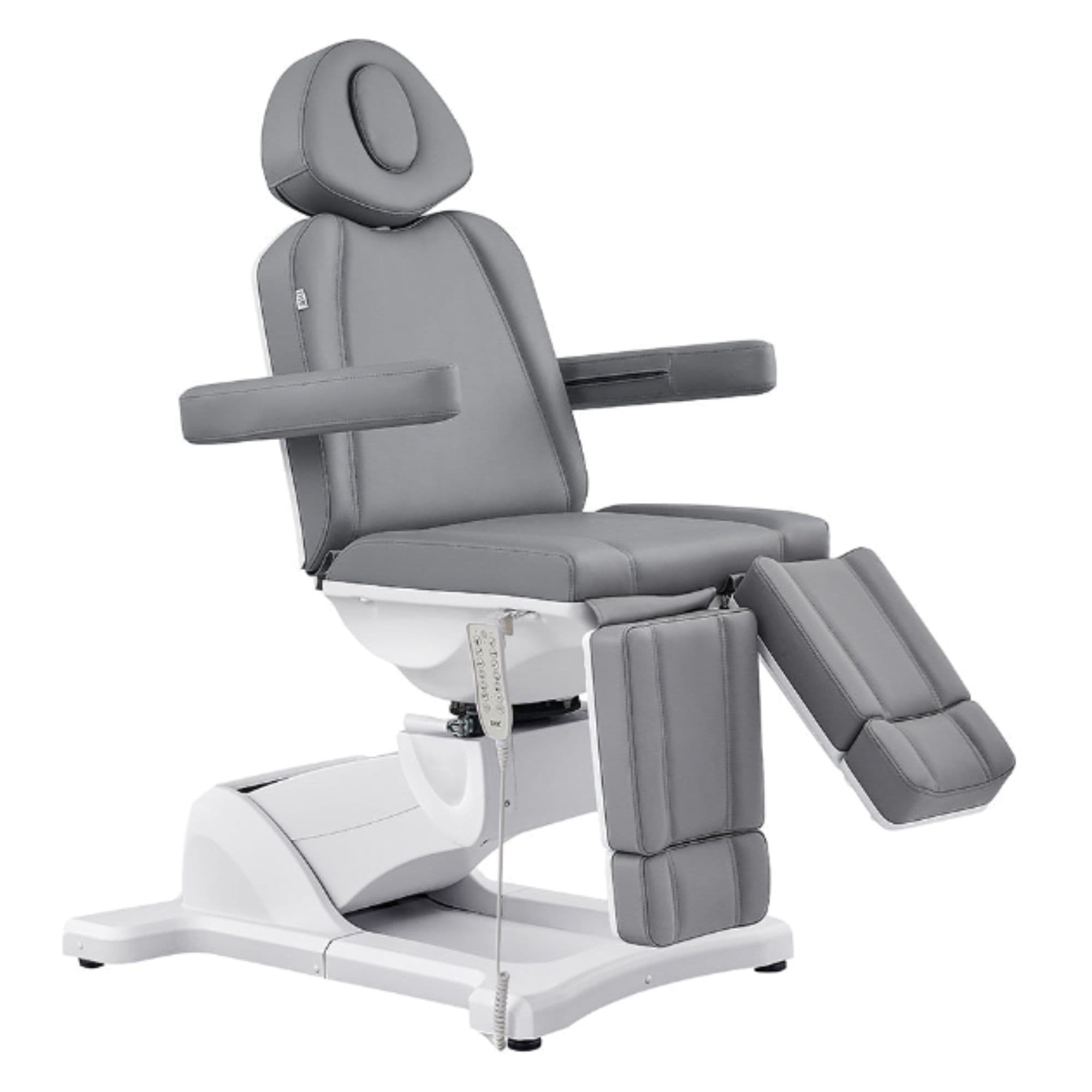 Libra 5-Motor Split-Leg Medical Procedure Chair Gray Front Angled With Semi Extended Left Leg Rest On White Background