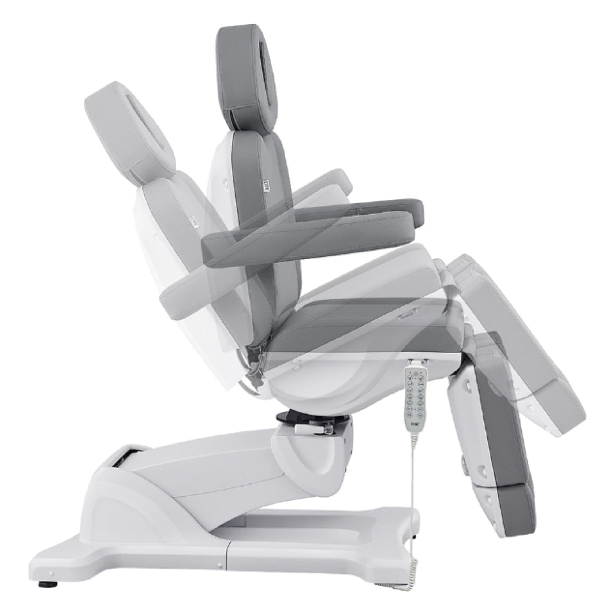 Libra 5-Motor Split-Leg Medical Procedure Chair Gray Side View Demonstrating Chair And Stirrup Adjustment Positions On White Background