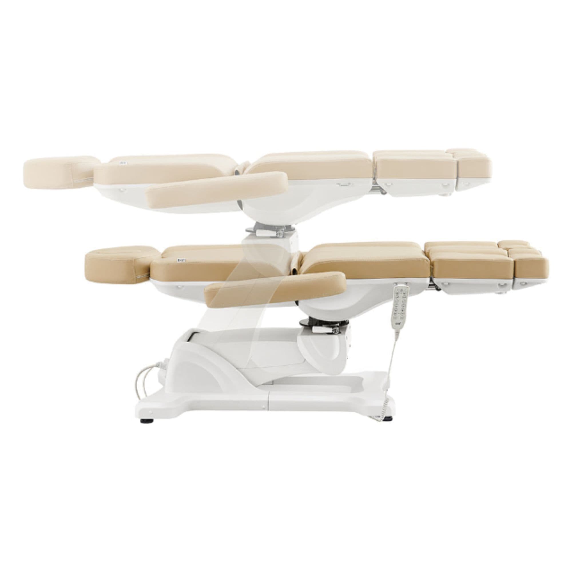 Libra 5-Motors Electric Medical Procedure Chair with Split Legs Beige Side View Demonstrating Fully Reclined And Height Adjustment Positions On White Background