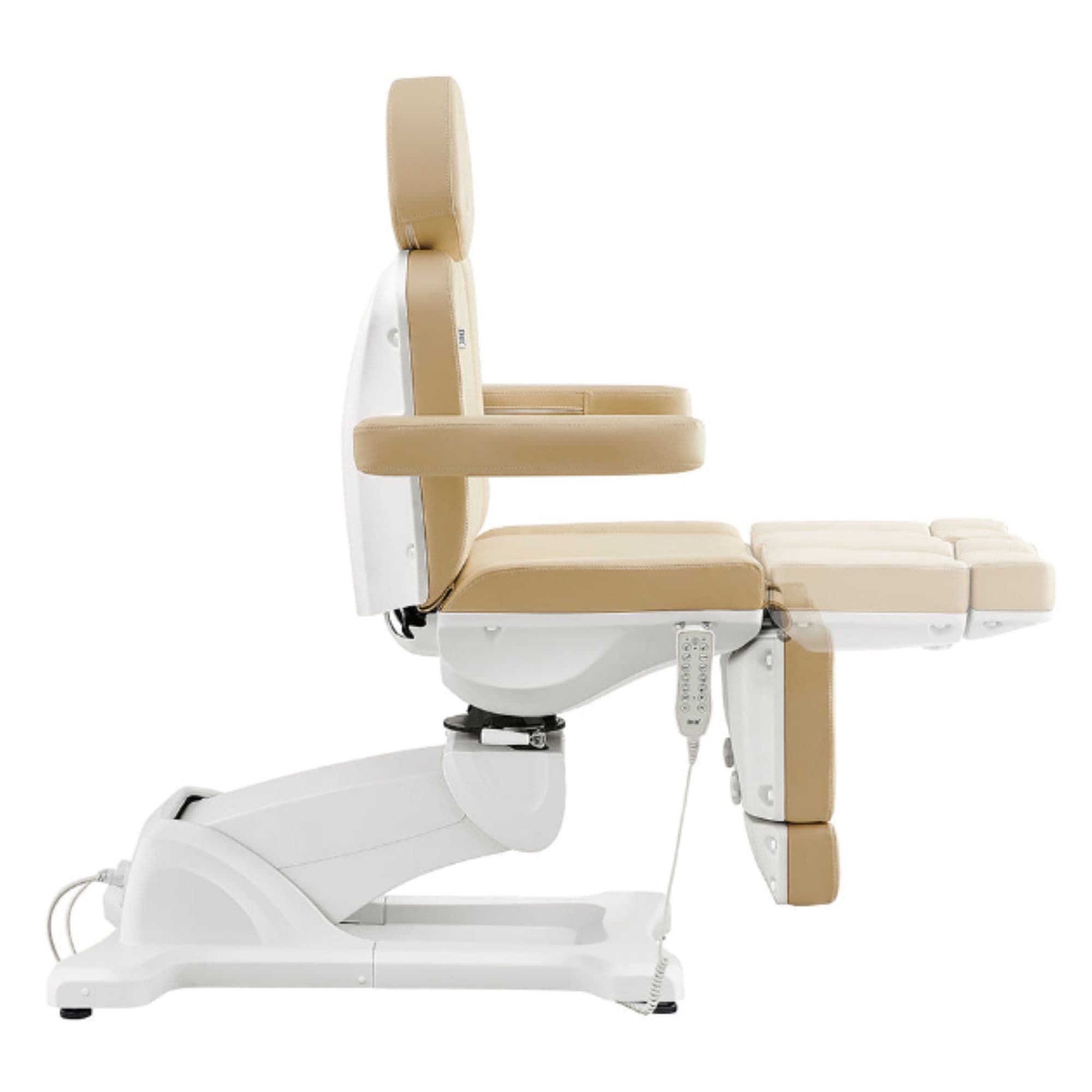 Libra 5-Motors Electric Medical Procedure Chair with Split Legs Beige Side View Demonstrating Leg Rest Recline Adjustment Range On White Background