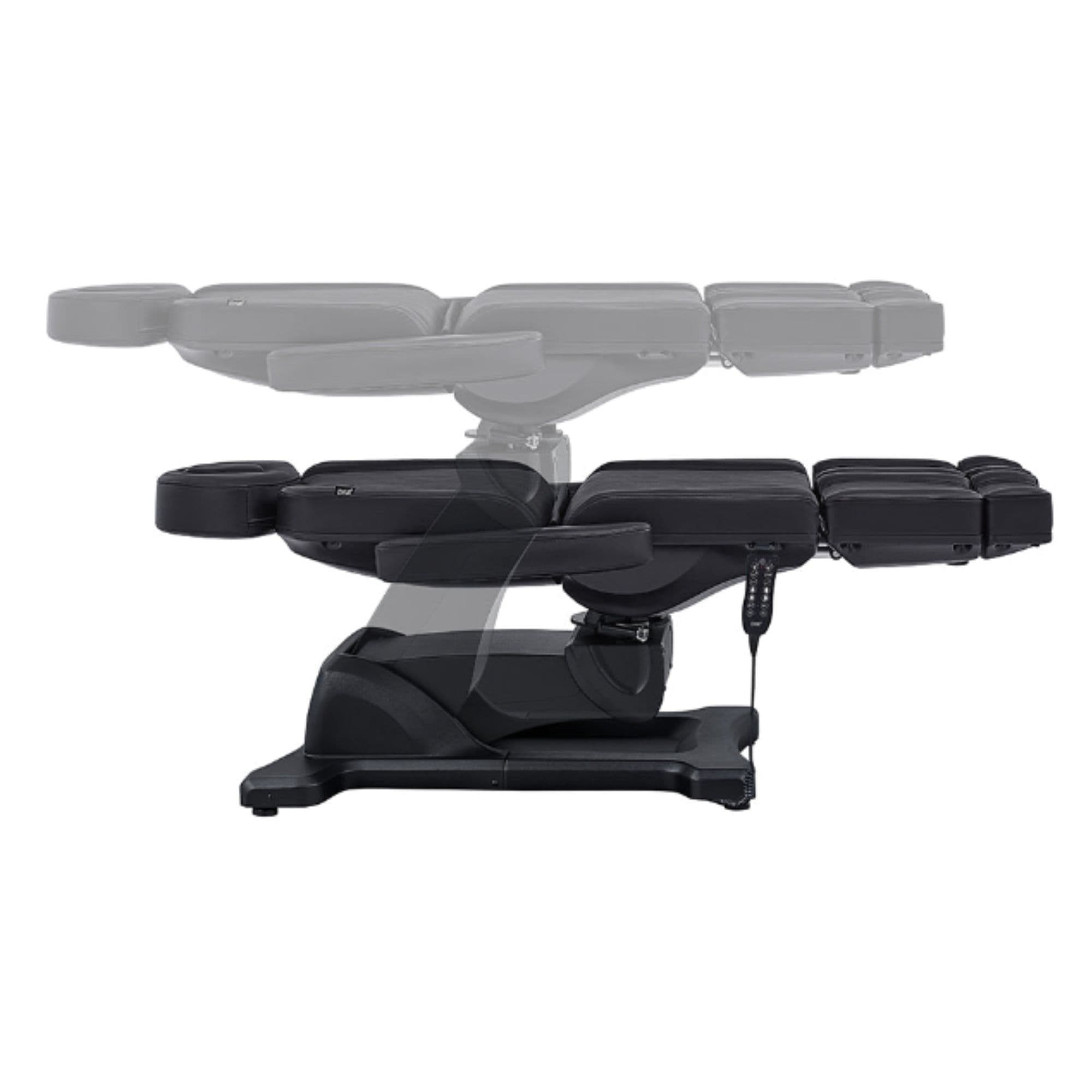 Libra 5-Motors Electric Medical Procedure Chair with Split Legs Black Side View Demonstrating Fully Reclined And Height Adjustment Positions On White Background