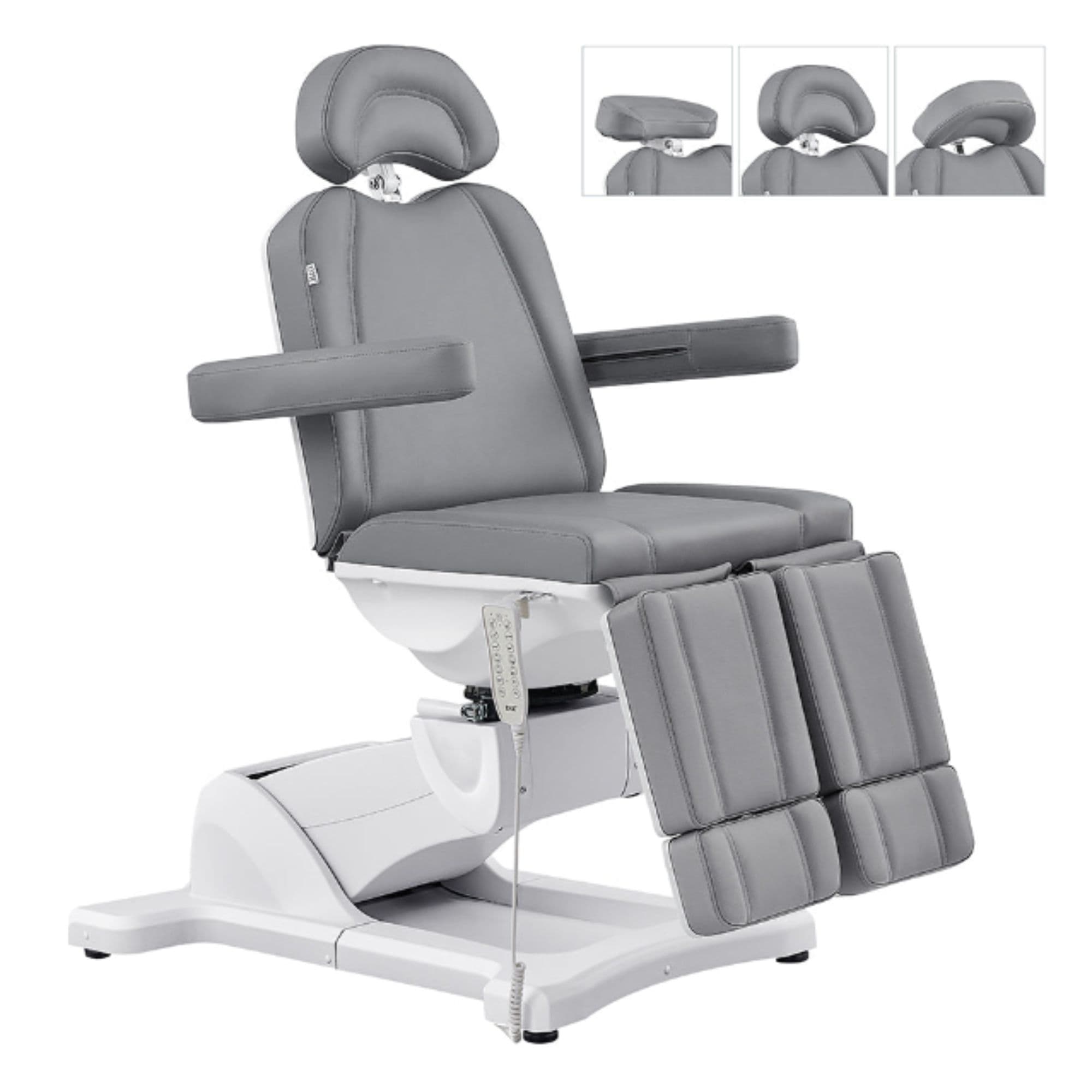 Libra 5-Motors Electric Medical Procedure Chair with Split Legs Gray Front Angled With Removable Face Cushion Demonstrating Different Positions On White Background