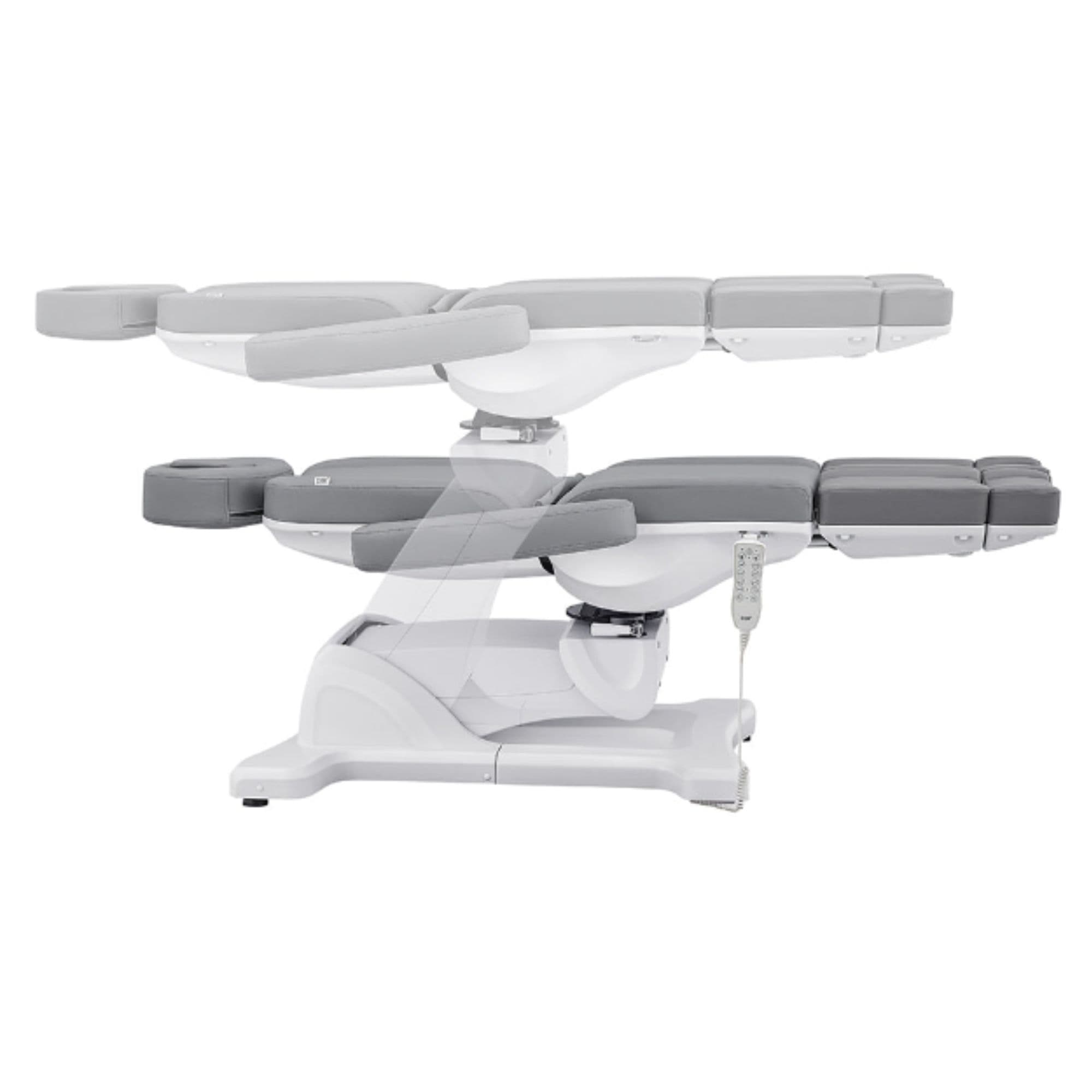 Libra 5-Motors Electric Medical Procedure Chair with Split Legs Gray Side View Demonstrating Fully Reclined And Height Adjustment Positions On White Background