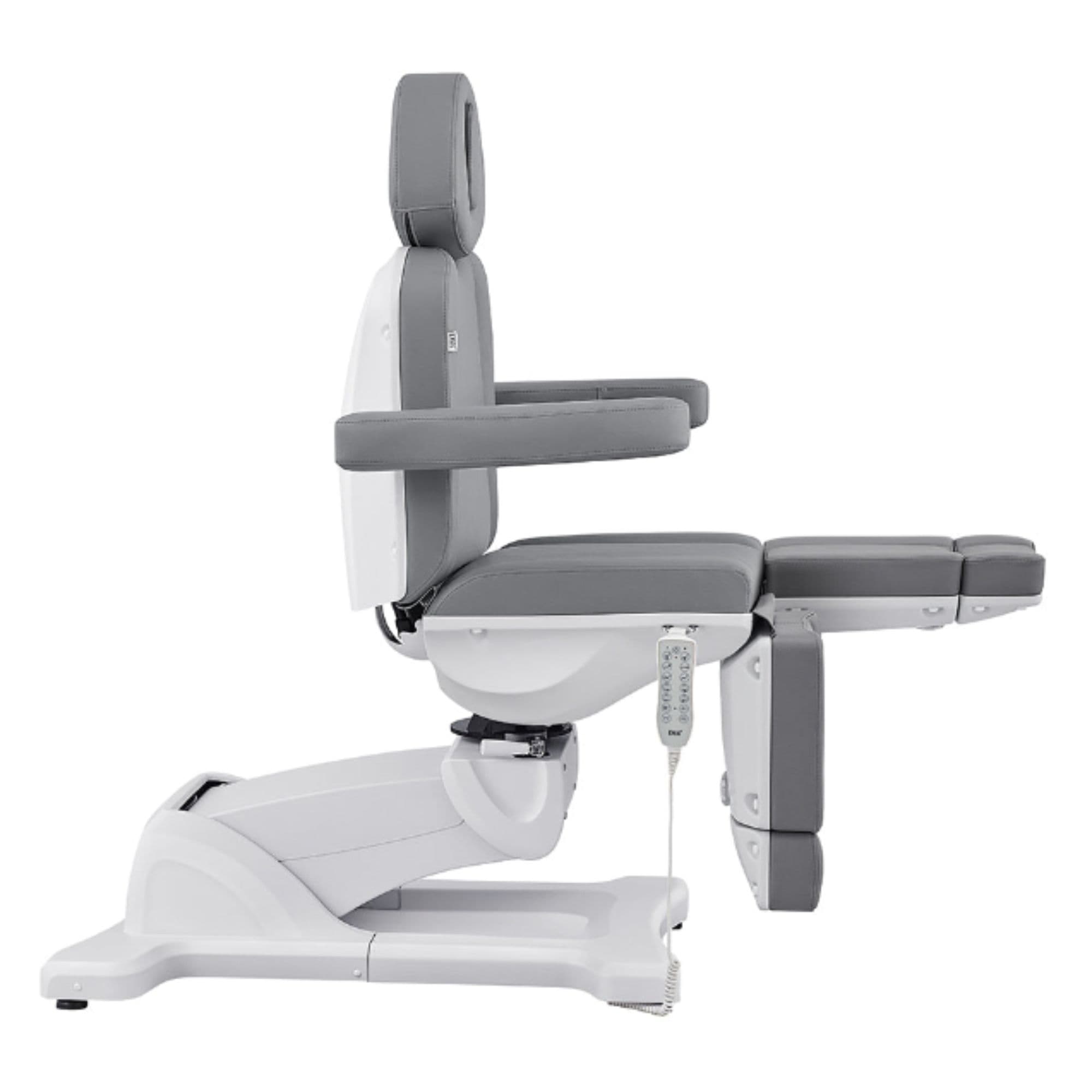 Libra 5-Motors Electric Medical Procedure Chair with Split Legs Gray Side View Demonstrating Leg Rest Full Recline Adjustment Range On White Background