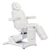 Libra 5-Motors Electric Medical Procedure Chair with Split Legs White Front Angled With Semi Extended Left Leg Rest On White Background