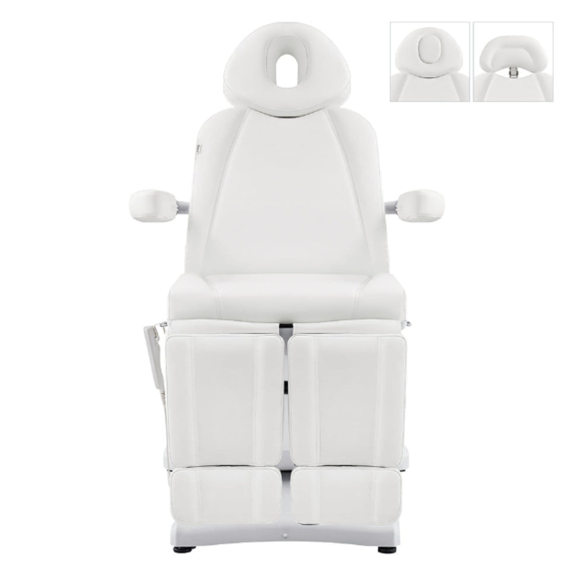 Libra 5-Motors Electric Medical Procedure Chair with Split Legs White Front View Showing Multiple Headrest Option On White Background