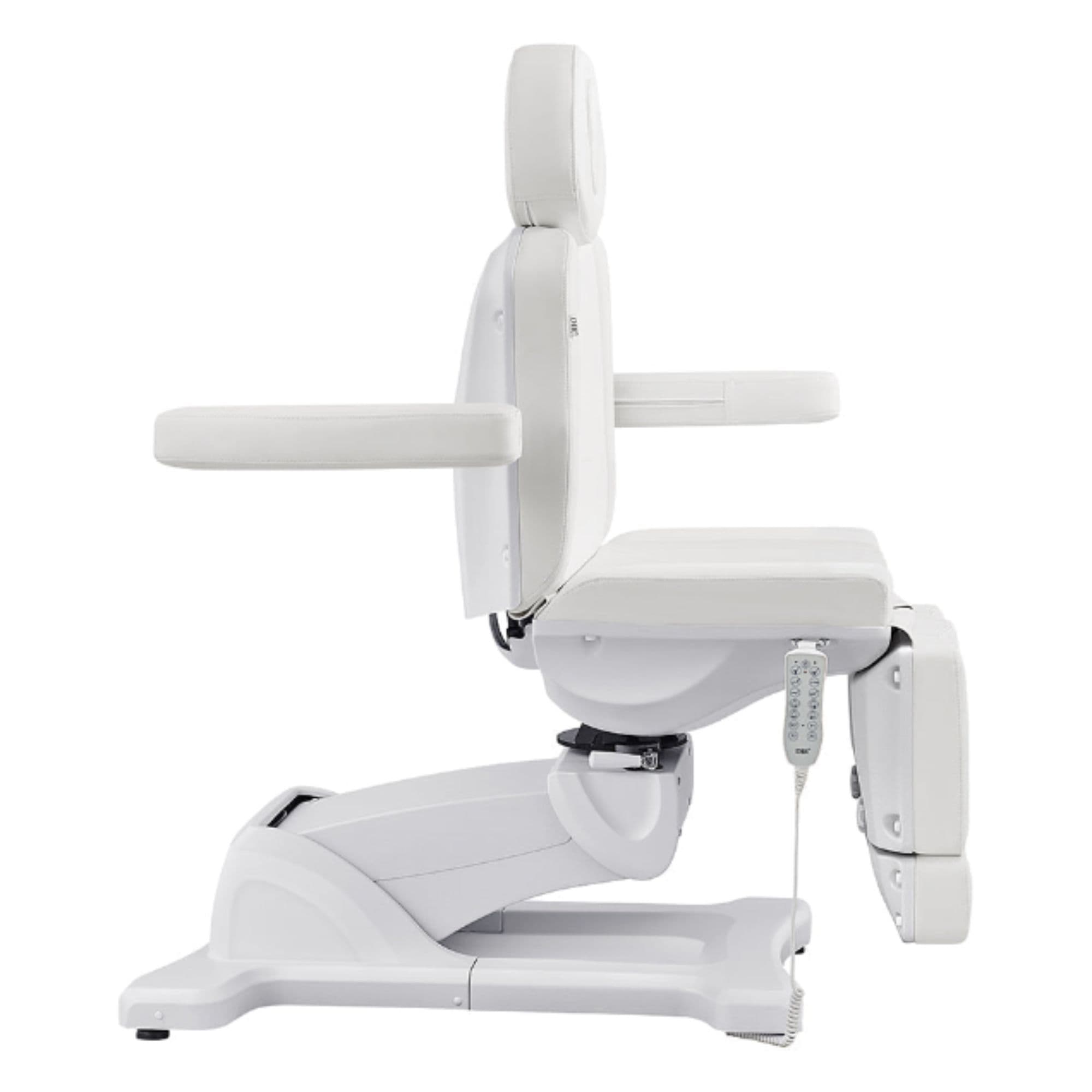 Libra 5-Motors Electric Medical Procedure Chair with Split Legs White Side View Demonstrating Adjustable Armrest On White Background