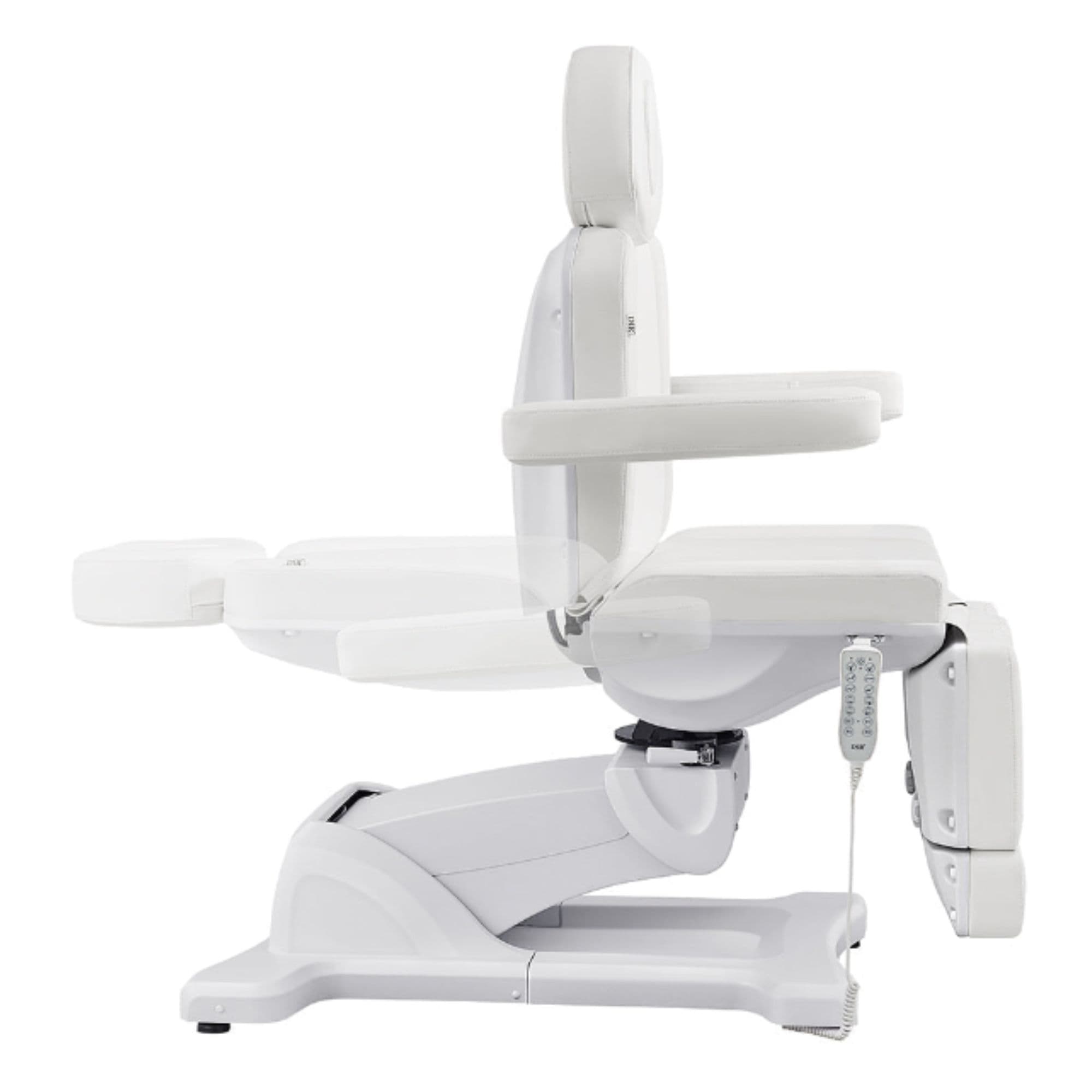Libra 5-Motors Electric Medical Procedure Chair with Split Legs White Side View Demonstrating Backrest Recline Adjustment Range On White Background